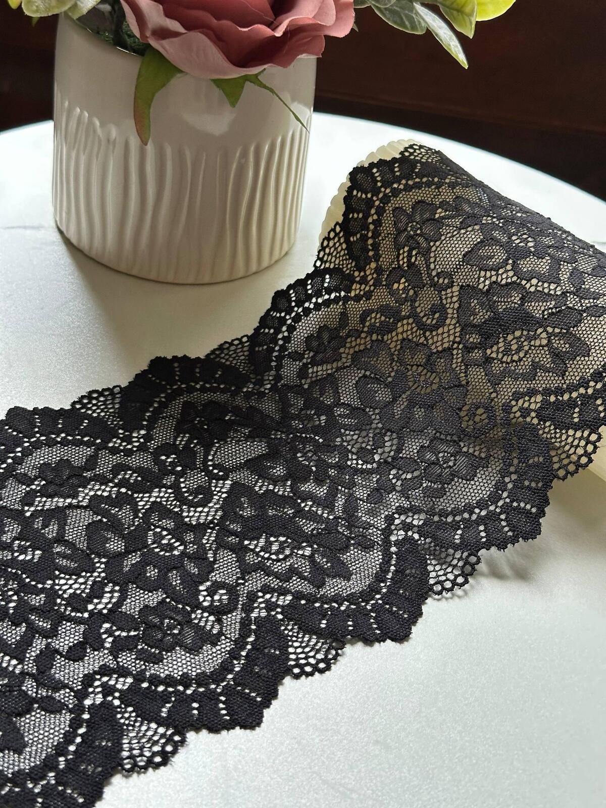 Classic Onyx Black Cordonnet Corded Slight Stretch Lace Trim Symmetrical Double Scalloped Extra Wide Galloon  for Corsets Gowns Crafts, 5.5"