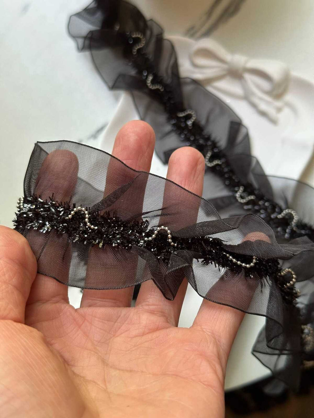 5yds Black Pleated Organza Bead Chain Lace Trim by the Yard, Wide Beaded Metallic Ball Chain Ribbon for Garment Crafts, 2"