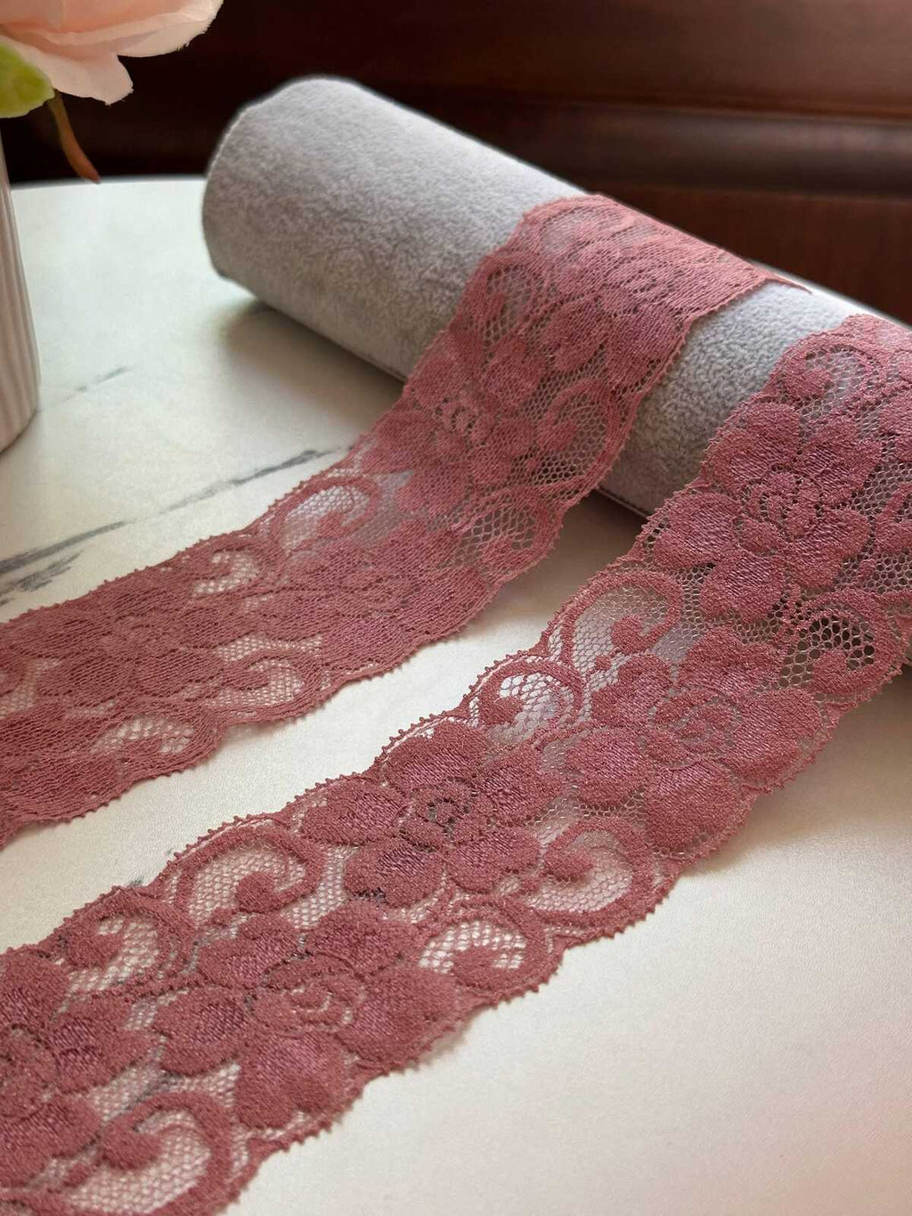 10yds  Soft Dusty Rose Floral Scalloped Stretch Lace Trim by the Yard, Elastic Ribbon for Coquette Crafts, 2.25", Retail Wholesale Bulk