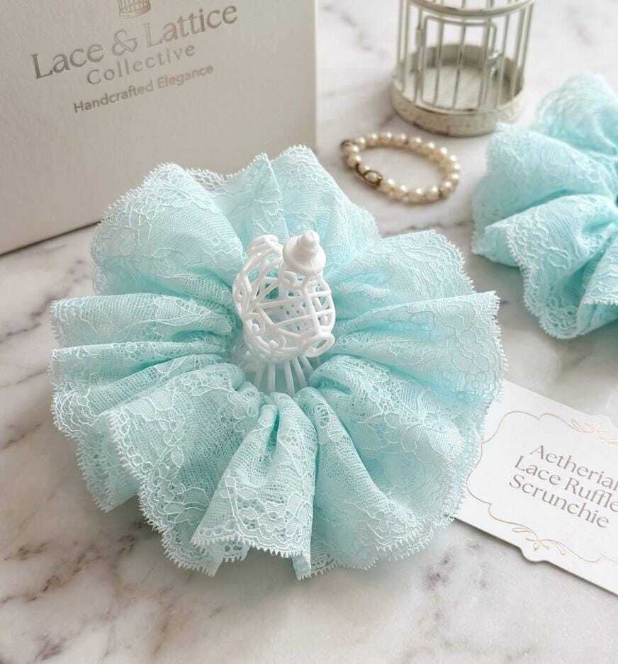 Oversized Double Layer Lace Scrunchie, Jumbo Handmade Mint Blue Ruffle Hair Tie, Elegant Balletcore Coquette Ponytail Holder, Gift