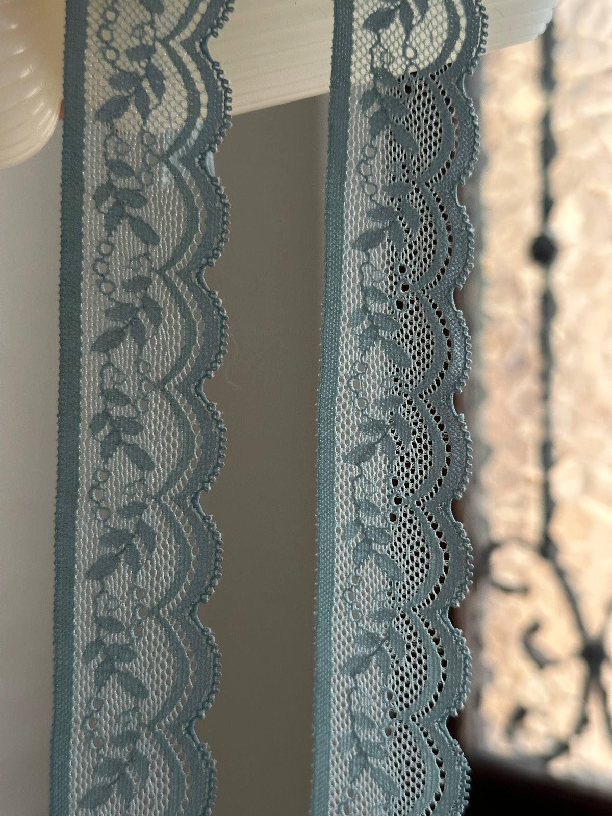 10yds Dusty Sage Mint Blue Foliage  Stretch Elastic Lace Trim Single Scalloped Narrow Ribbon for Lingerie Underwear Crafts Sewing, 1.25"