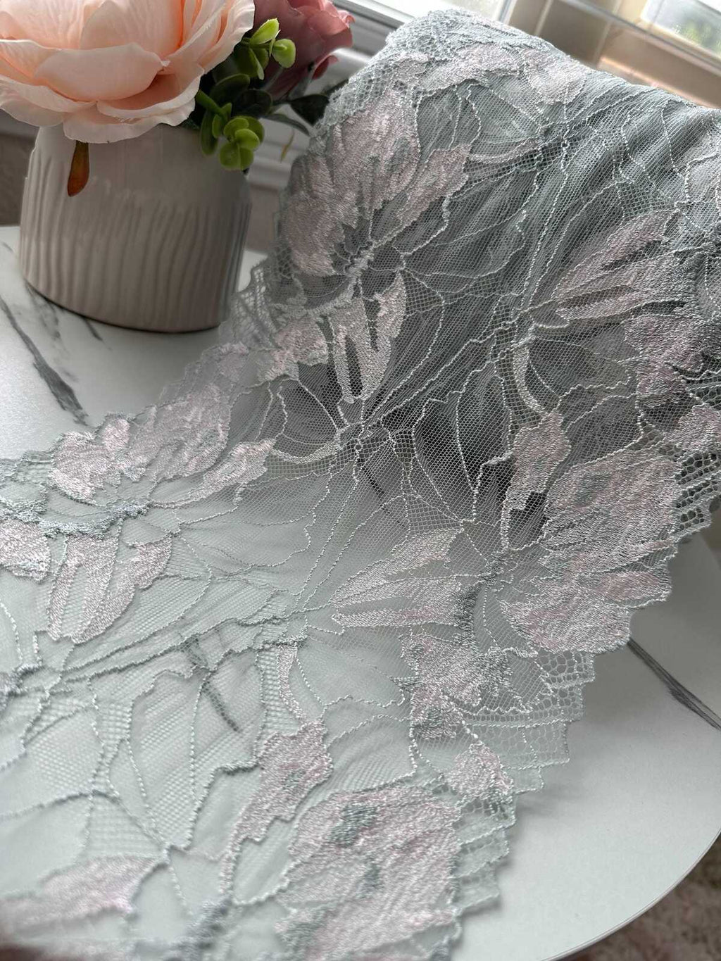 1Yd Slight Stretch 7.2" Two Tone Mint Pink Floral Wide Lace Trim Wholesale