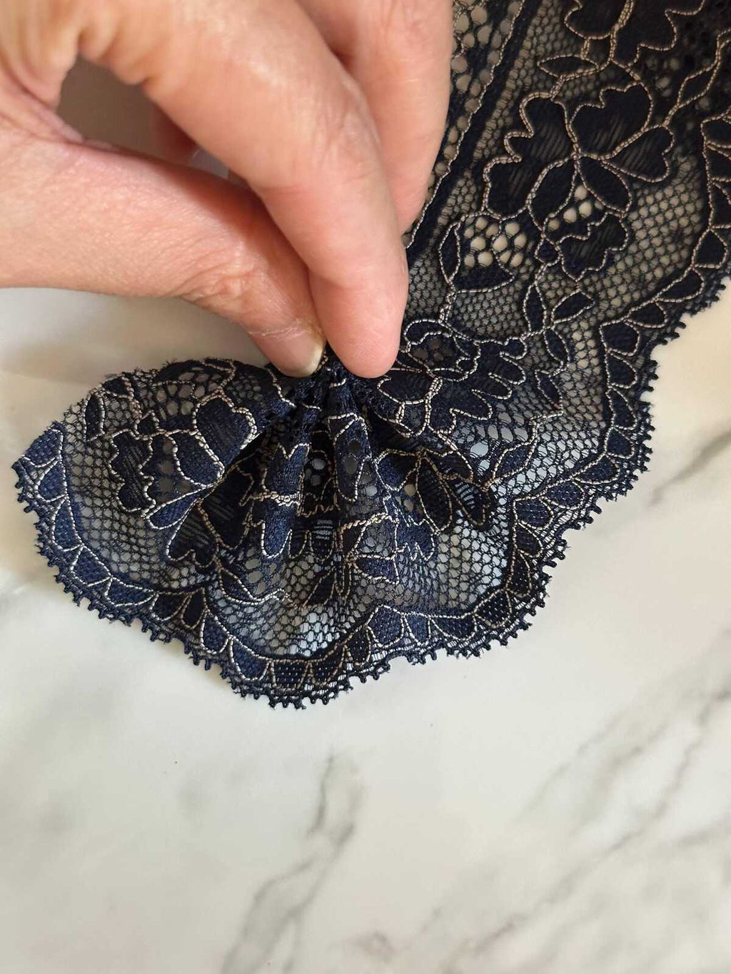 10yds Navy Blue Stretch Lace Trim with Silver Outline, Floral Insertion Beading Ribbon (2.5" Wide)