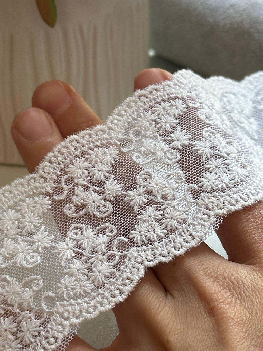 Off White Cotton Thread Embroidered Mesh Non Stretch Lace Trim by the Yard, Soft Floral Scalloped Ribbon for Lingerie Bridal, 2"