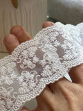 Off White Cotton Thread Embroidered Mesh Non Stretch Lace Trim by the Yard, Soft Floral Scalloped Ribbon for Lingerie Bridal, 2"