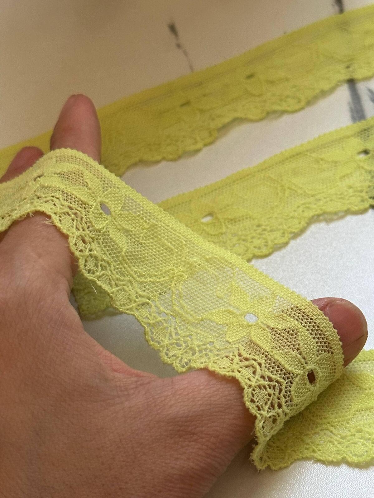 10yds Soft Greenish Lemon Yellow Floral Stretch Lace Trim by the Yard, Ultra Soft Elastic Ribbon for Coquette Crafts, 1.35" Retail Wholesale
