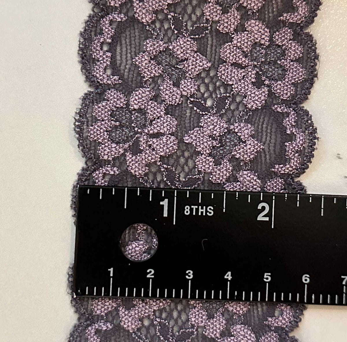 Two Tone Charcoal Black & Dusty Mauve Floral Stretch Elastic Lace Trim Symmetrical Double Scalloped Galloon Ribbon for Lingerie Crafts 2.25"