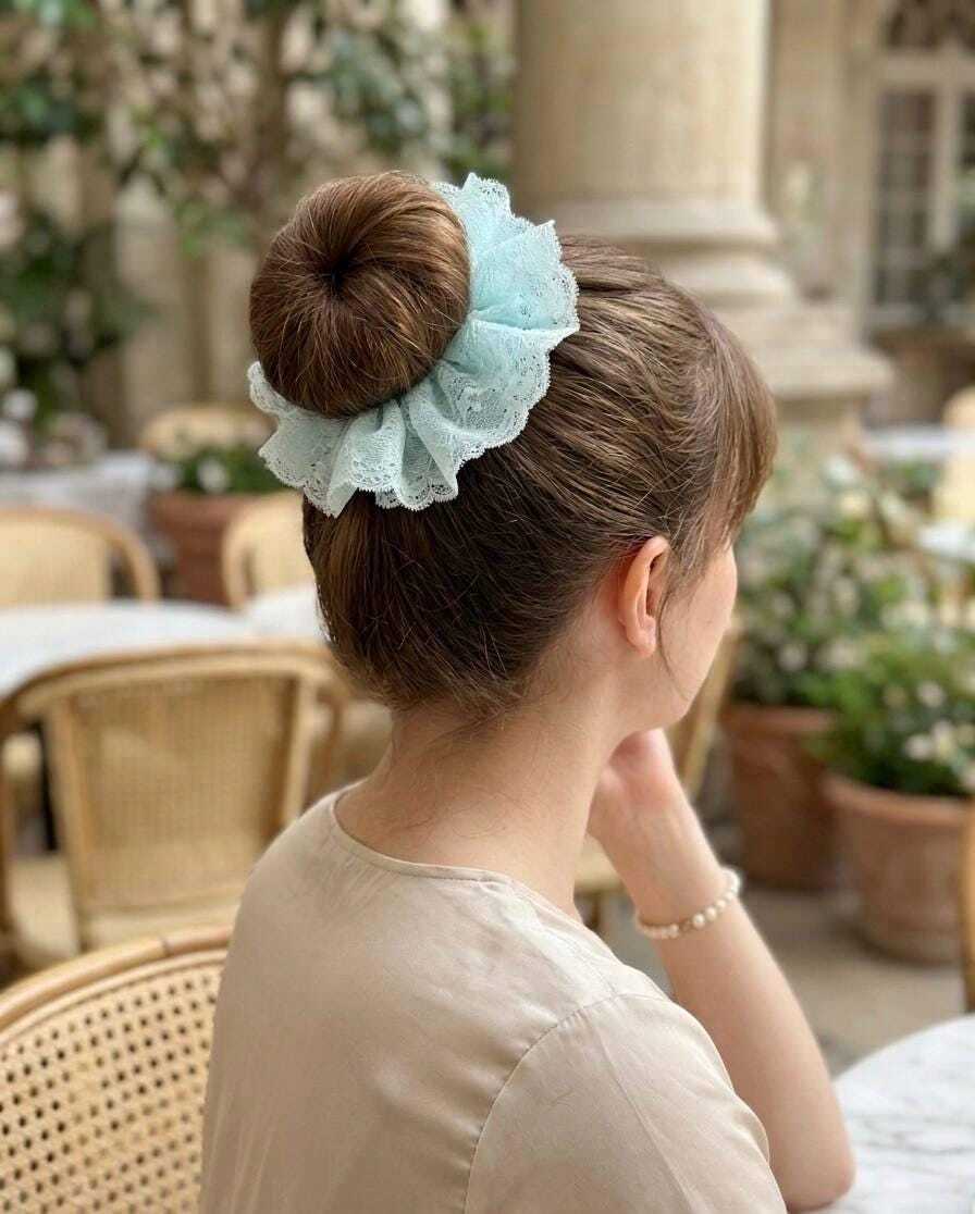 Oversized Double Layer Lace Scrunchie, Jumbo Handmade Mint Blue Ruffle Hair Tie, Elegant Balletcore Coquette Ponytail Holder, Gift