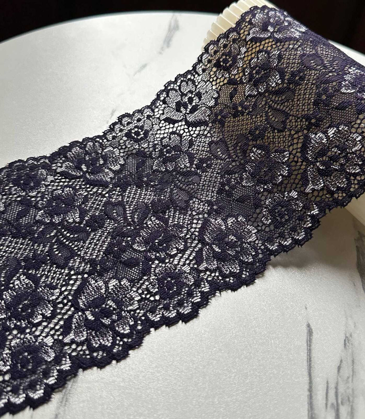 Dark Indigo Navy Violet Floral Stretch Elastic Lace Trim Symmetrical Double Scalloped Wide Galloon Ribbon fs Crafts Sewing, 4.85"