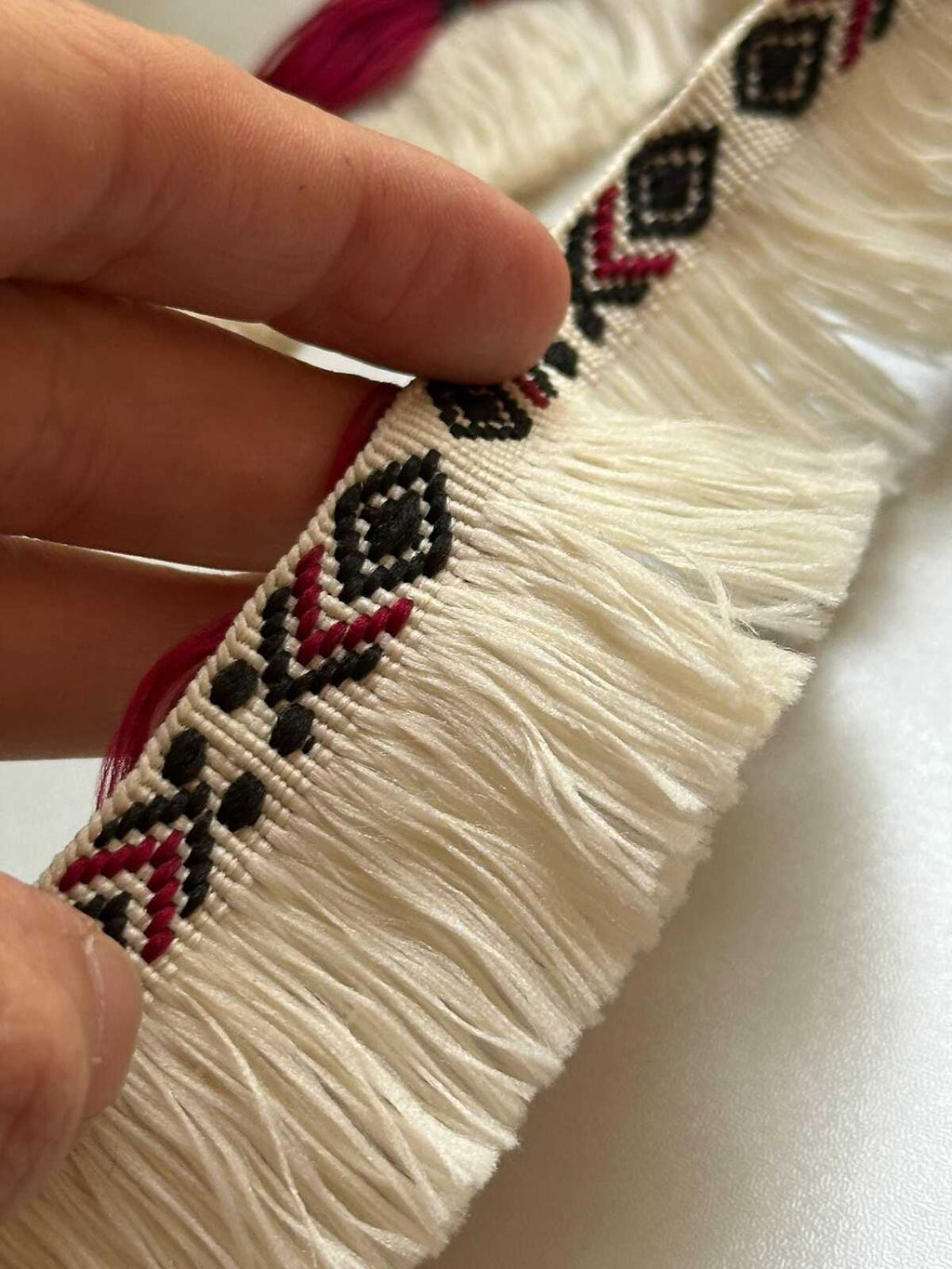 Burgundy Black Tribal Geometric Brush Fringe Trim by the Yard, Cotton Woven Jacquard Tassel Trim for Pillows Home Decor, 1.75"