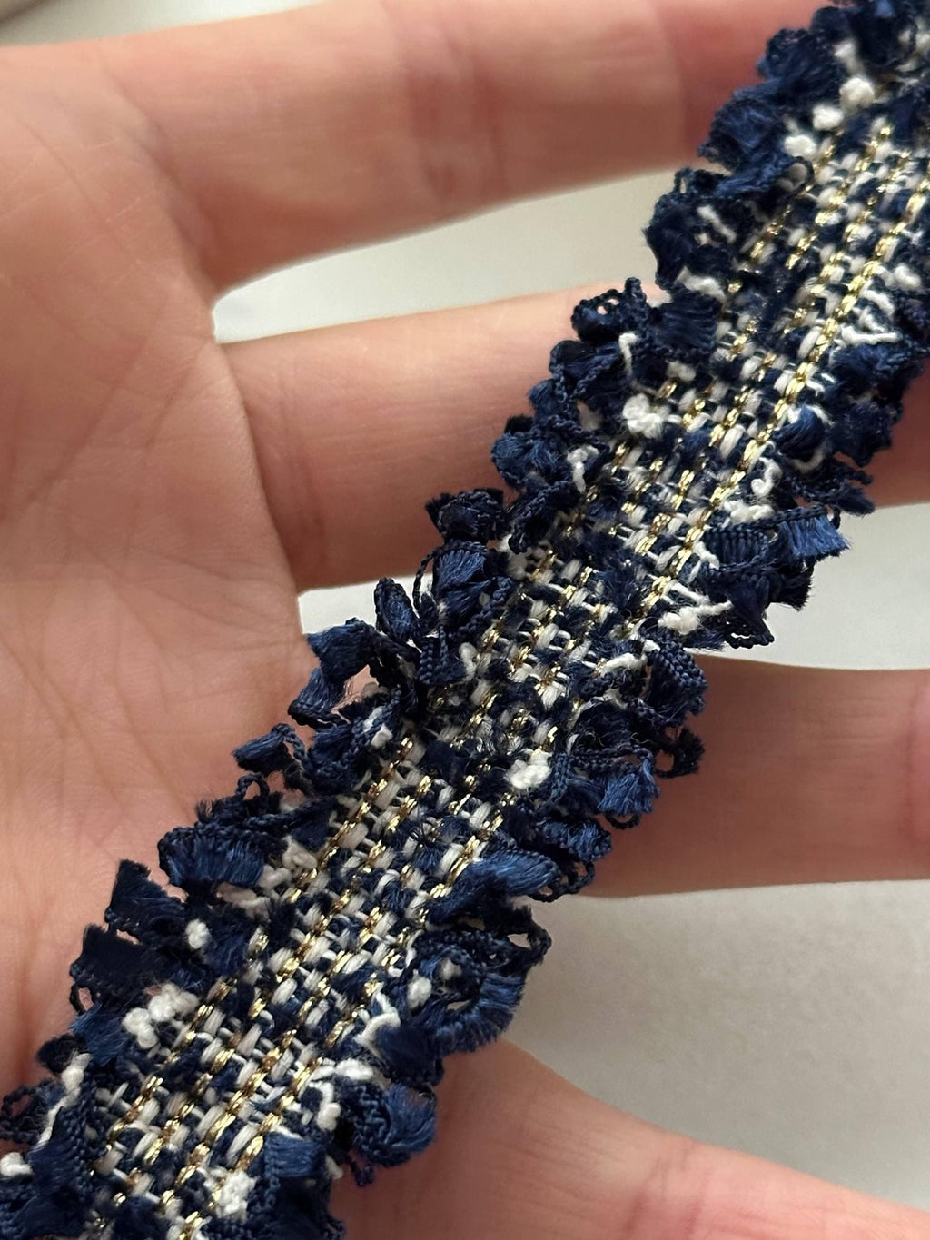 10Yds Non-Stretch 0.9" Navy Gold Metallic Woven Tweed Fringe Trim Wholesale
