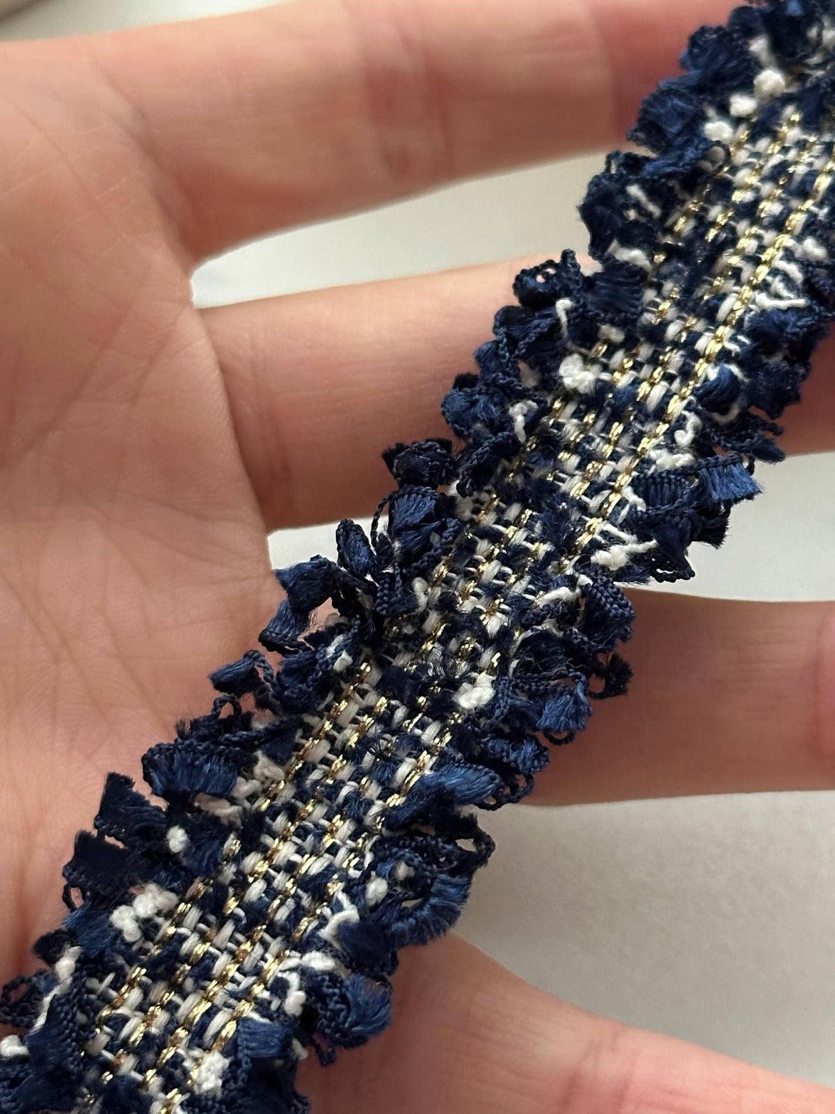 10Yds Non-Stretch 0.9" Navy Gold Metallic Woven Tweed Fringe Trim Wholesale