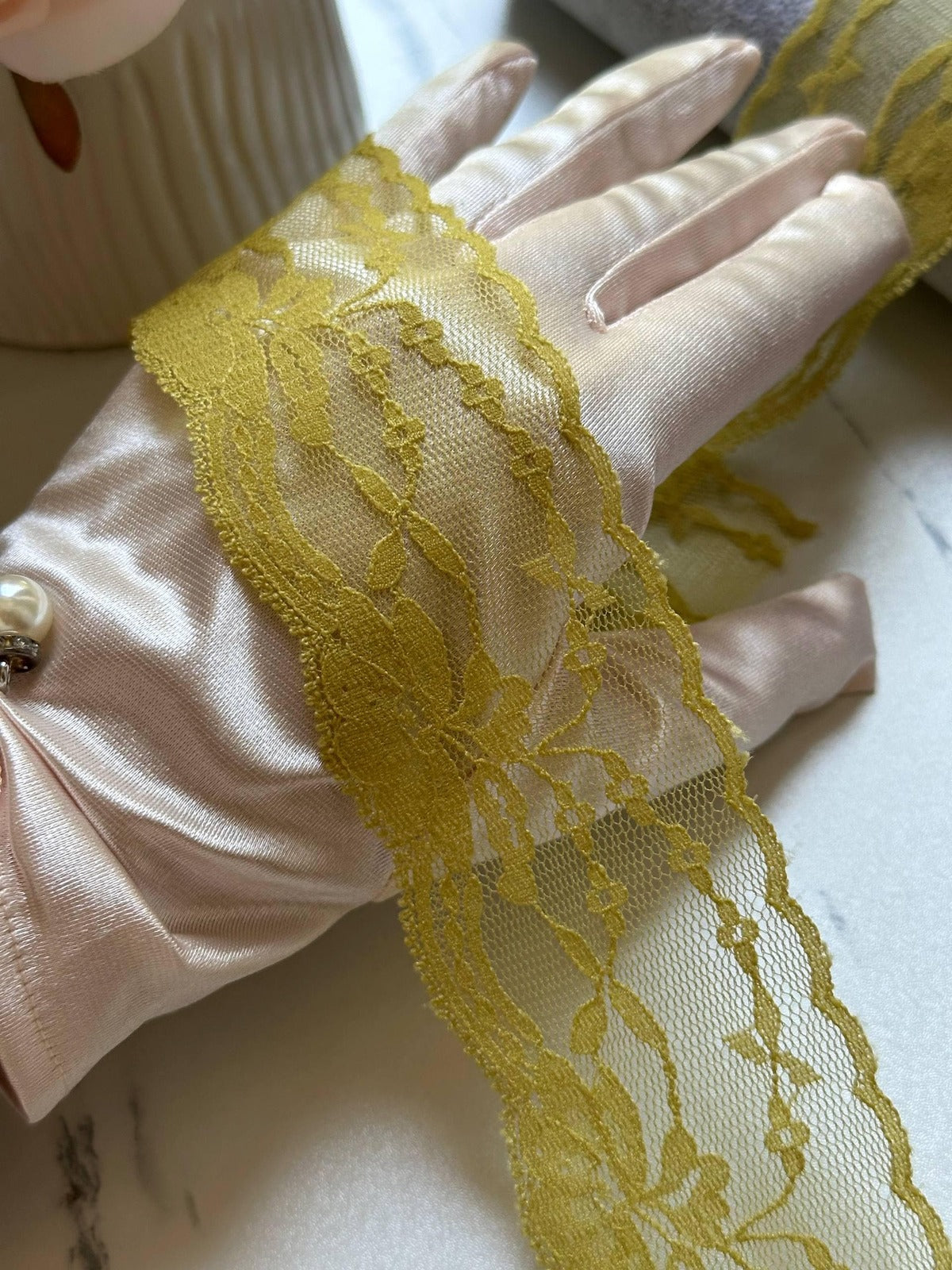 10yds Mustard Yellow Floral Lace Trim by Yard, Non Stretch Drape Ribbon, Soft Skin Friendly Coquette Craft Supply, 2", Retail Wholesale Bulk