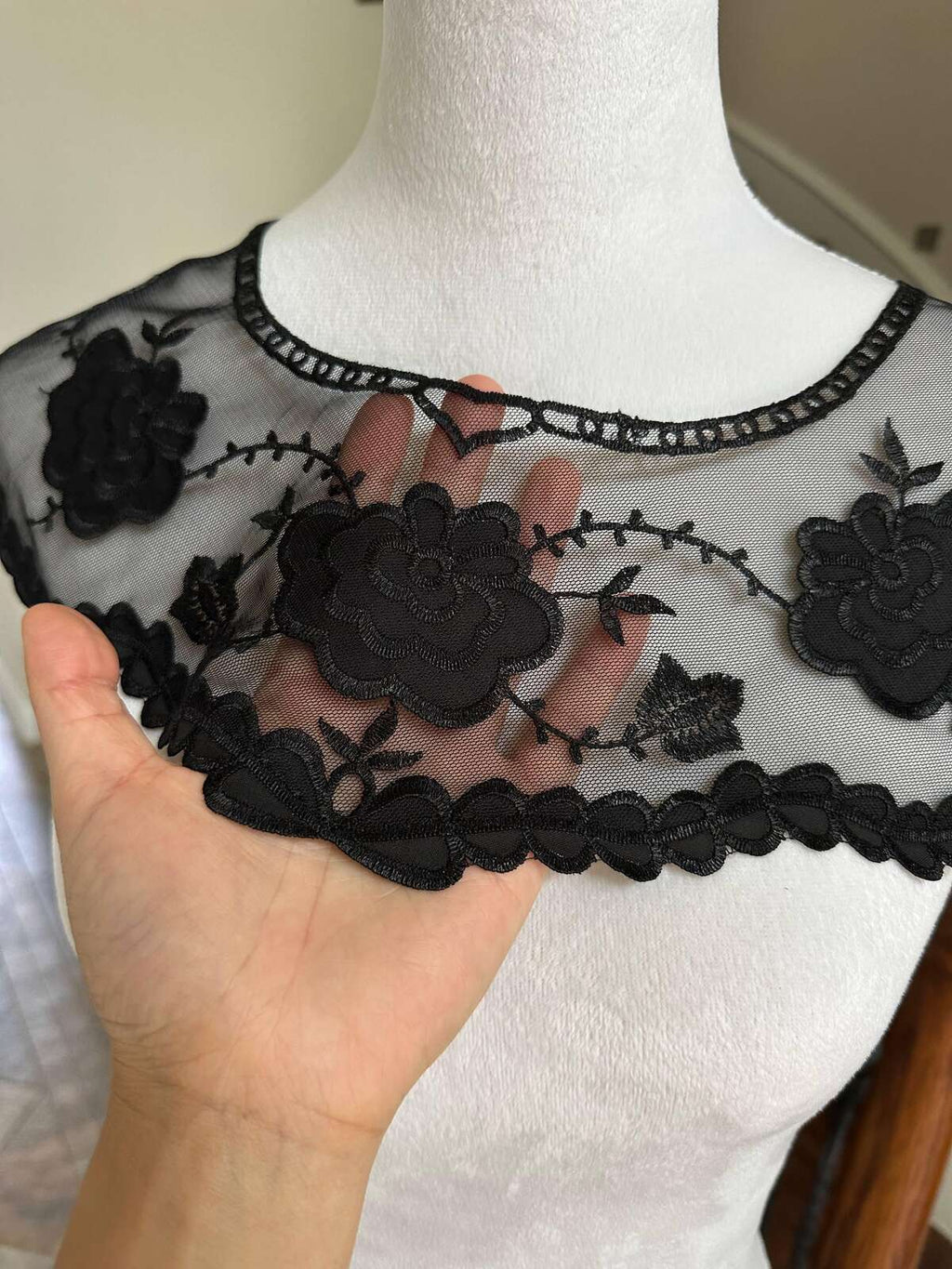 Classic Onyx Black Mesh Floral Embroidered Collar Applique Detachable Lace Neckline Bib Motif for Dress Blouse Sewing, 16" x 4.5"
