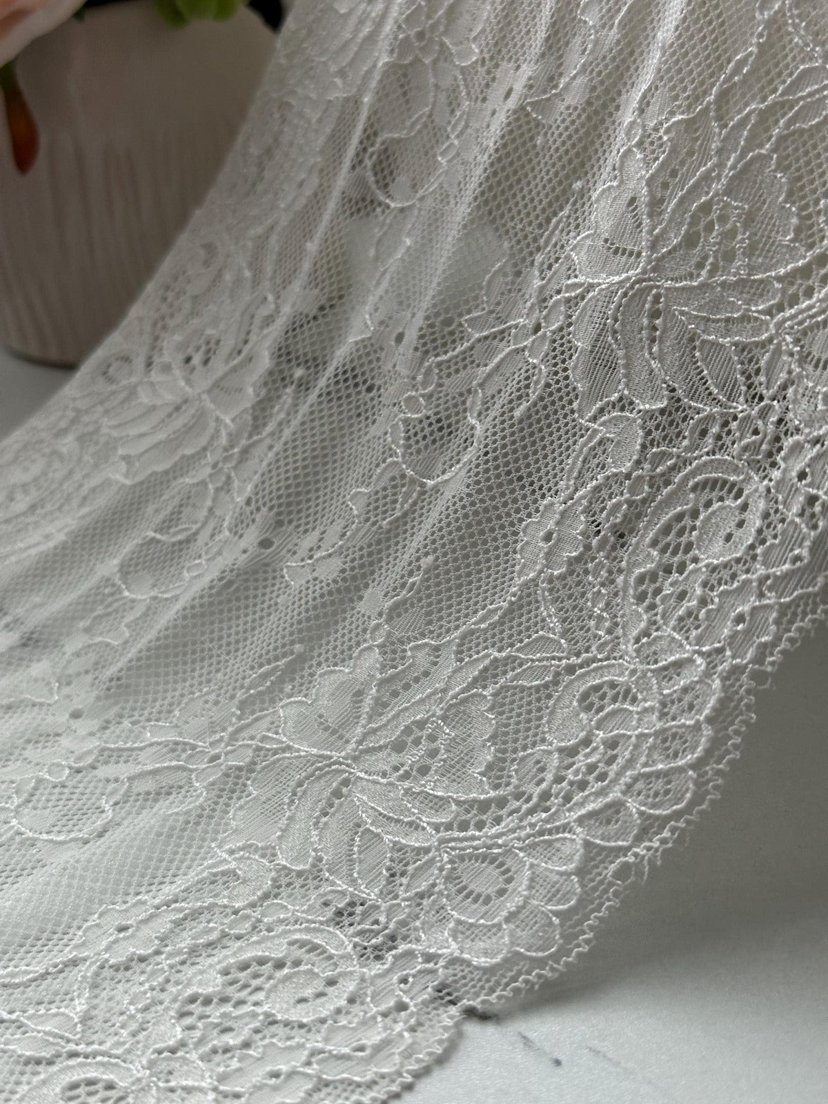 3Yds Soft Stretch 8" French White Floral Scalloped Wide Stretch Lace Wholesale