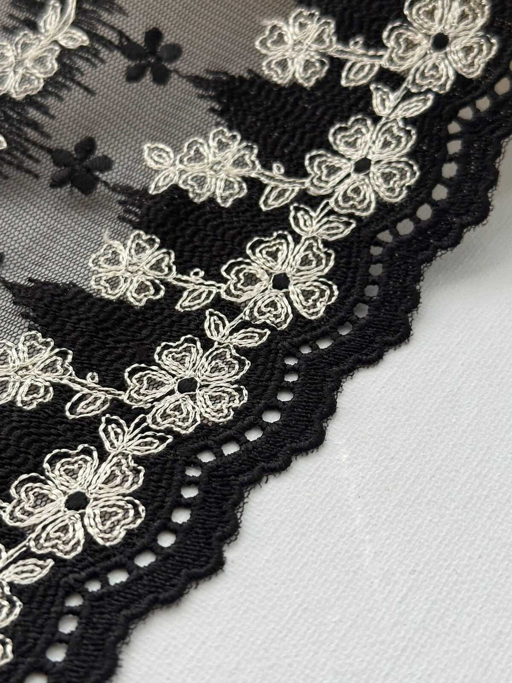 1Yd Non-Stretch 6.9" Black Off-White Floral Embroidered Mesh Lace Wholesale