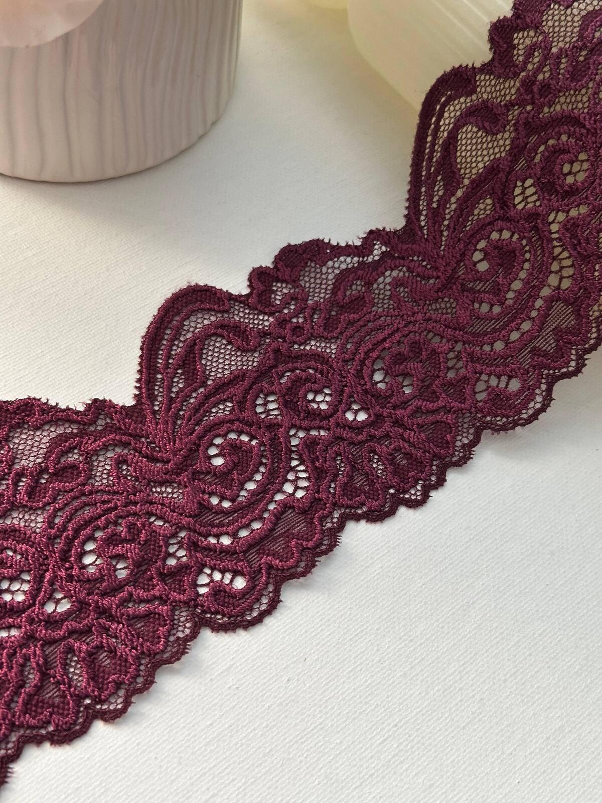 3Yds Stretch 3" Dark Burgundy Wine Floral Scalloped Stretch Lace Wholesale