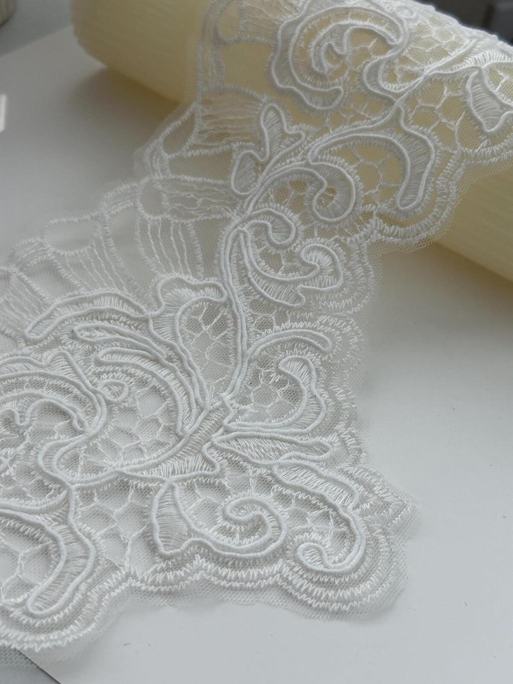 1Yd Non-Stretch 6" Off-White Corded Embroidery Bridal Mesh Lace Wholesale