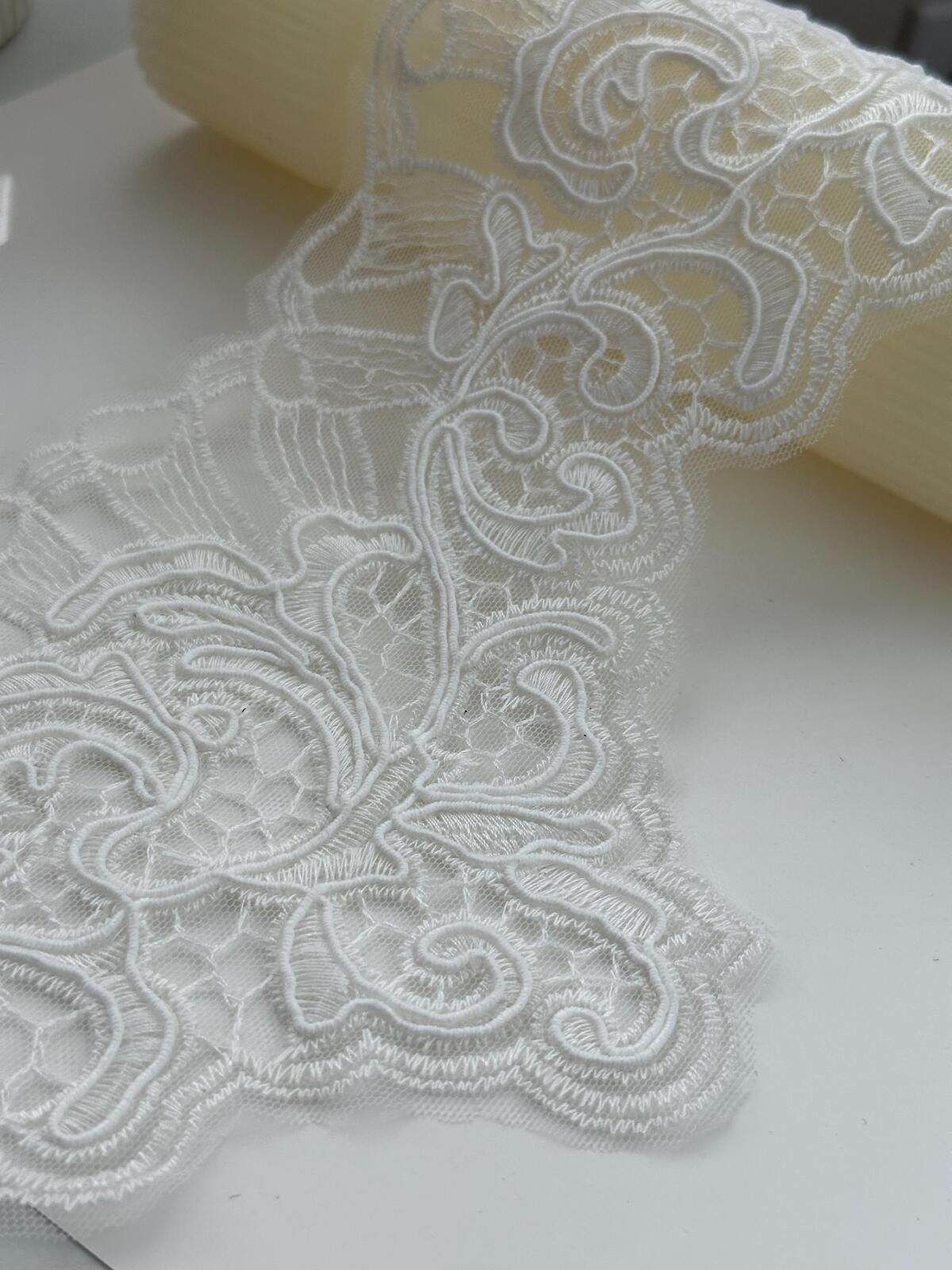 1Yd Non-Stretch 6" Off-White Corded Embroidery Bridal Mesh Lace Wholesale