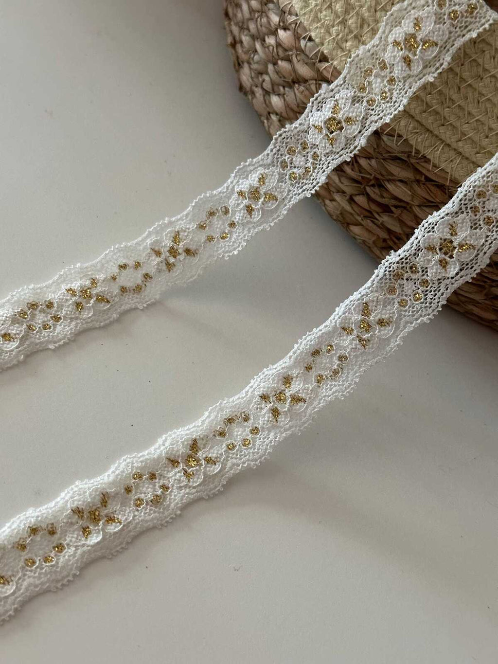 10yds White Gold Metallic Stretch Lace, 0.8" Elastic Ribbon, Bulk Clearance Coquette Y2K Lace, Lingerie, DIY Sewing, Retail Wholesale
