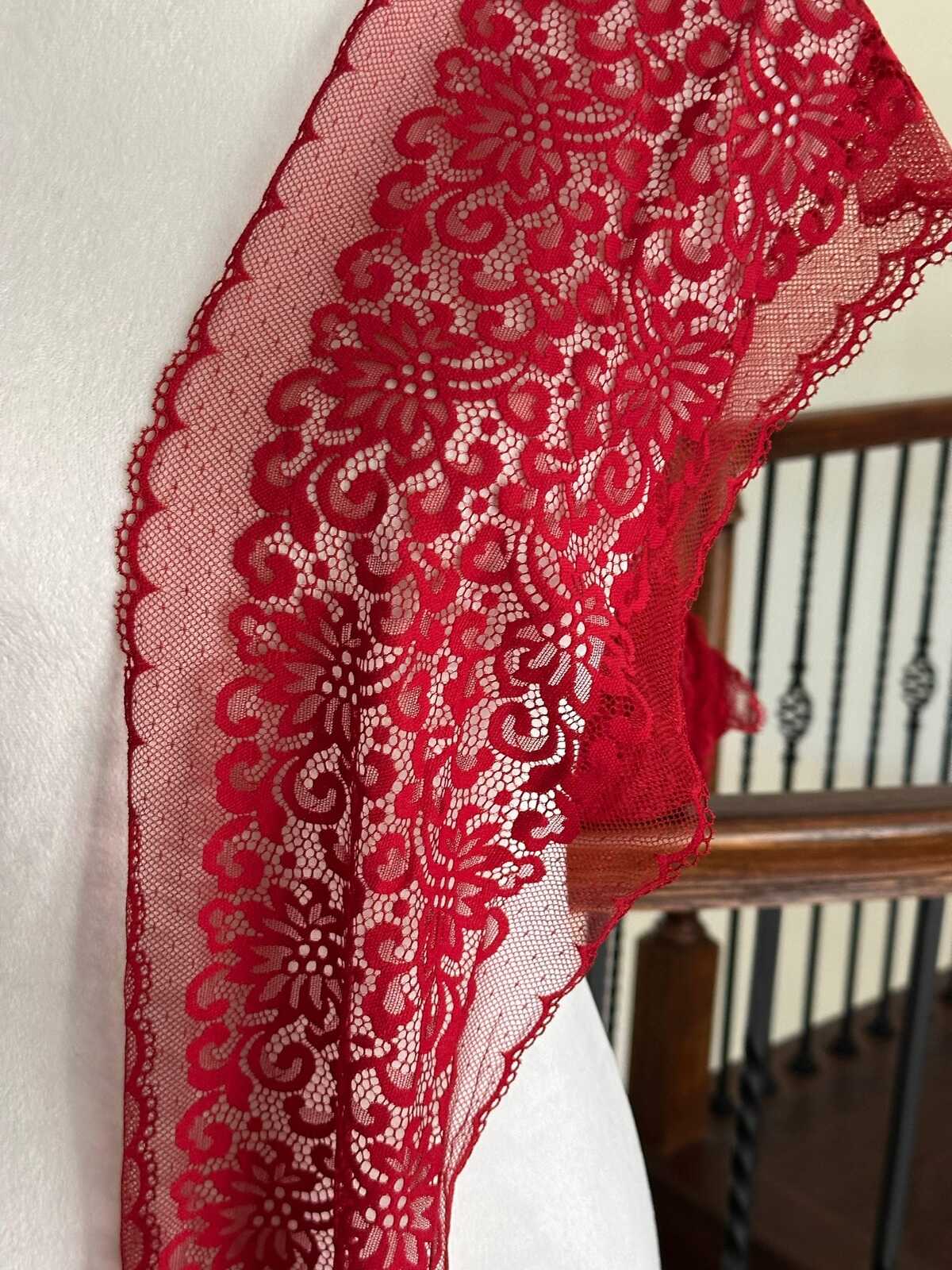 1Yd Soft Stretch 7.5" Red Floral Swiss Dot Mesh Wide Stretch Lace Trim