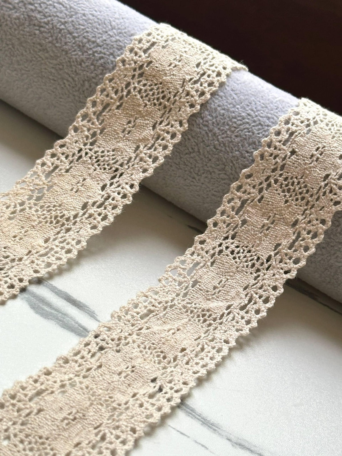 Soft Natural Beige Beige Cotton Crochet Geometric Lace Trim by the Yard, Scalloped Cotton Ribbon for Crafts, 1.35", Retail Wholesale Bulk