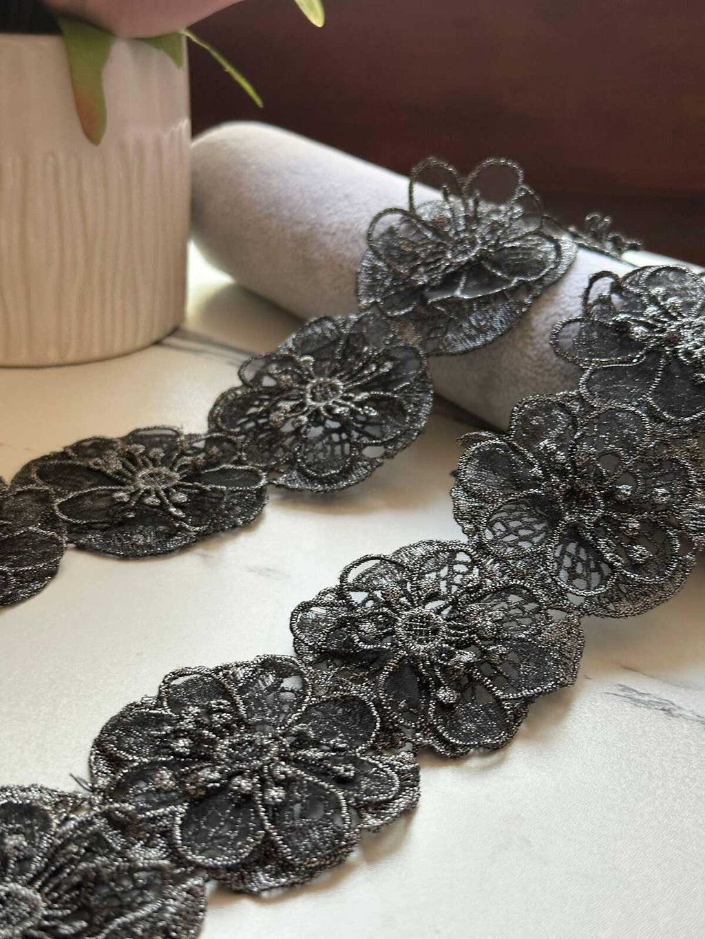 Black Silver Metallic 3D Floral Guipure Lace Trim by the Yard, 3D Flower Embroidered Ribbon for Evening Gowns, 2"
