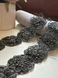 Black Silver Metallic 3D Floral Guipure Lace Trim by the Yard, 3D Flower Embroidered Ribbon for Evening Gowns, 2"