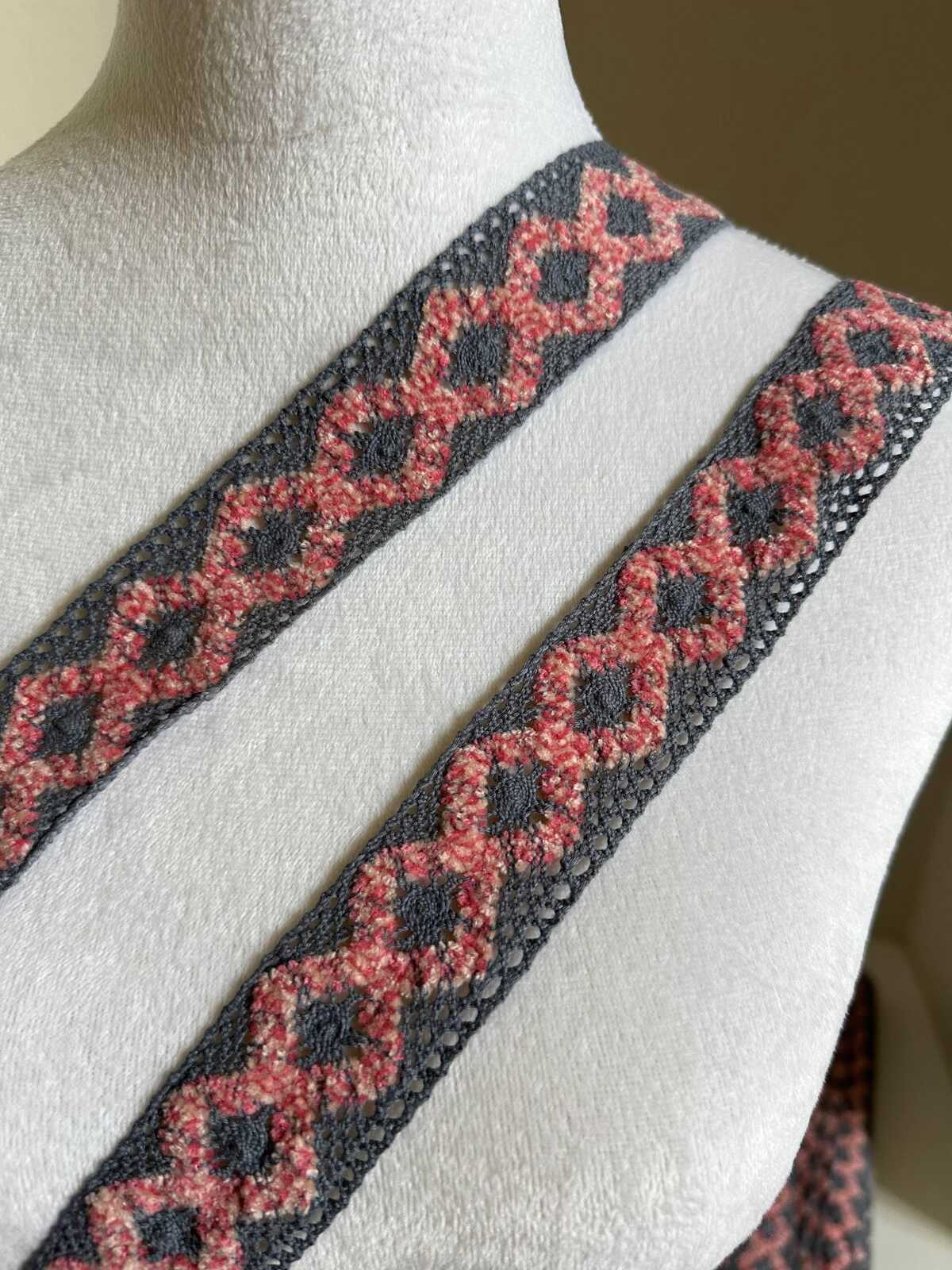1.5" Crochet Cotton Lace Trim Gray & Pink, Two Tone Boho Geometric Non-Stretch Ribbon for Cottagecore Sewing, Folk Costume Edging by Yard