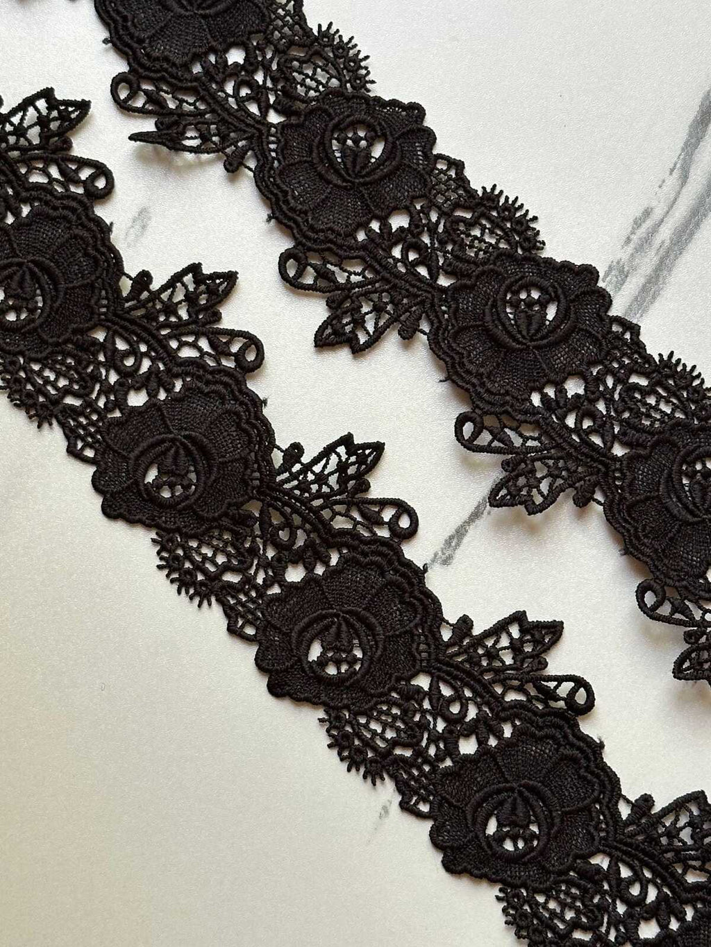 Gothic Black Venetian Guipure Chemical Water Soluble Floral Lace Trim Heavyweight Embroidered Rose Ribbon for Gowns Crafts Sewing, 1.5"