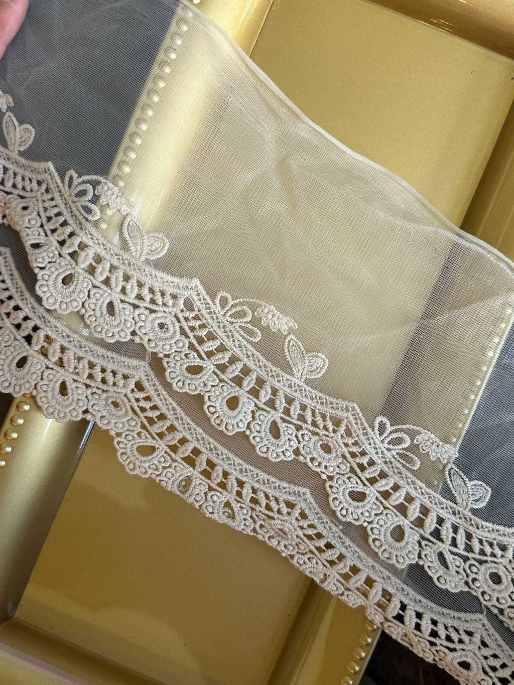 6" Champagne Cream Guipure Embroidered Tulle Lace Trim by the Yard, Vintage Scalloped Mesh Chemical Lace for Lolita Dress, Bridal Craft