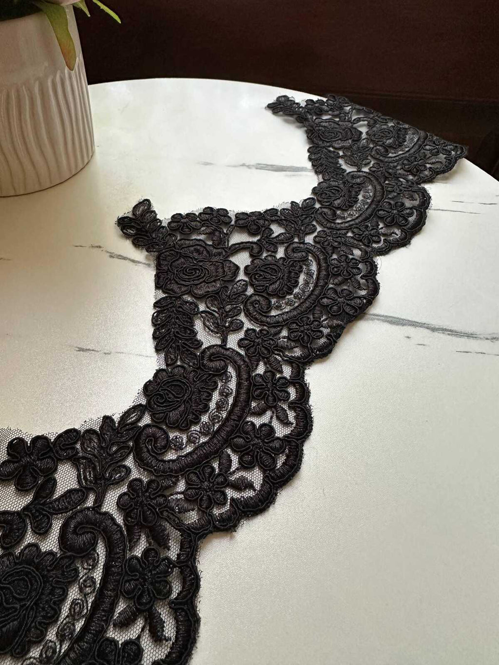 Black Corded Alencon Lace Trim by the Yard, Wide Bridal Lace Supply for Wedding Dress Couture Gowns Evening Veil Edge, 5" Max Width