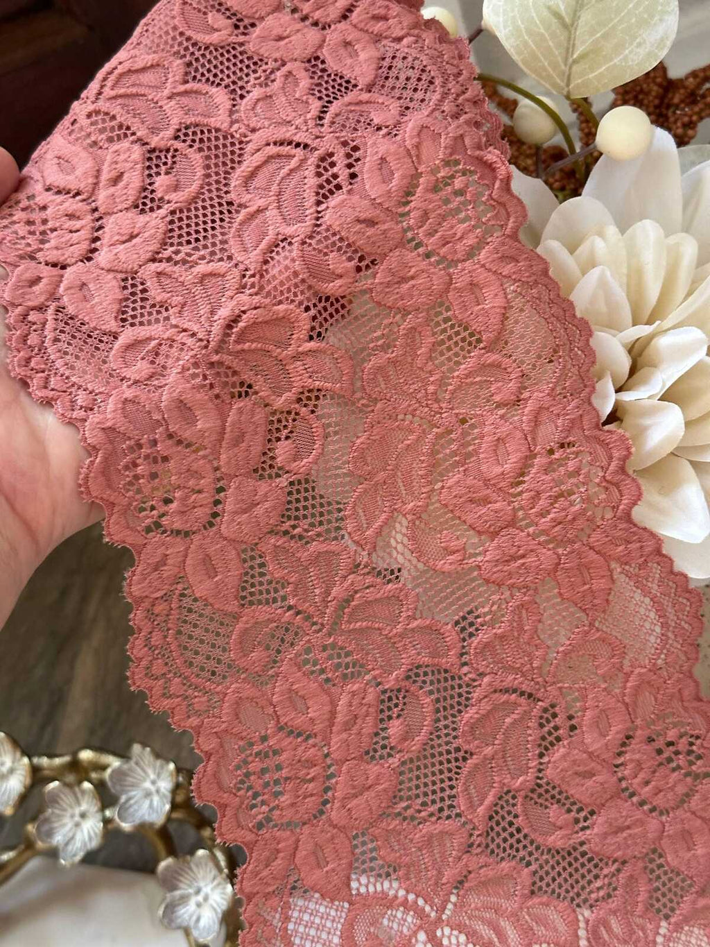 Dusty Rose Wide Lace Trim by Yard, 5" Floral Elastic Ribbon, Coquette Y2K Lace, Lingerie Lace, DIY Sewing Craft, Retail Wholesale