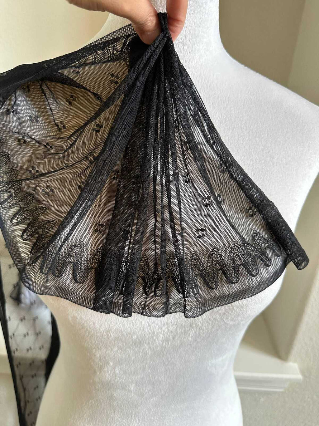 Black Geometric Point d'Esprit Mesh Lace Trim by the Yard, Wide Straight Edge Sheer Tulle Ribbon for Veil Bridal Lingerie, 8"