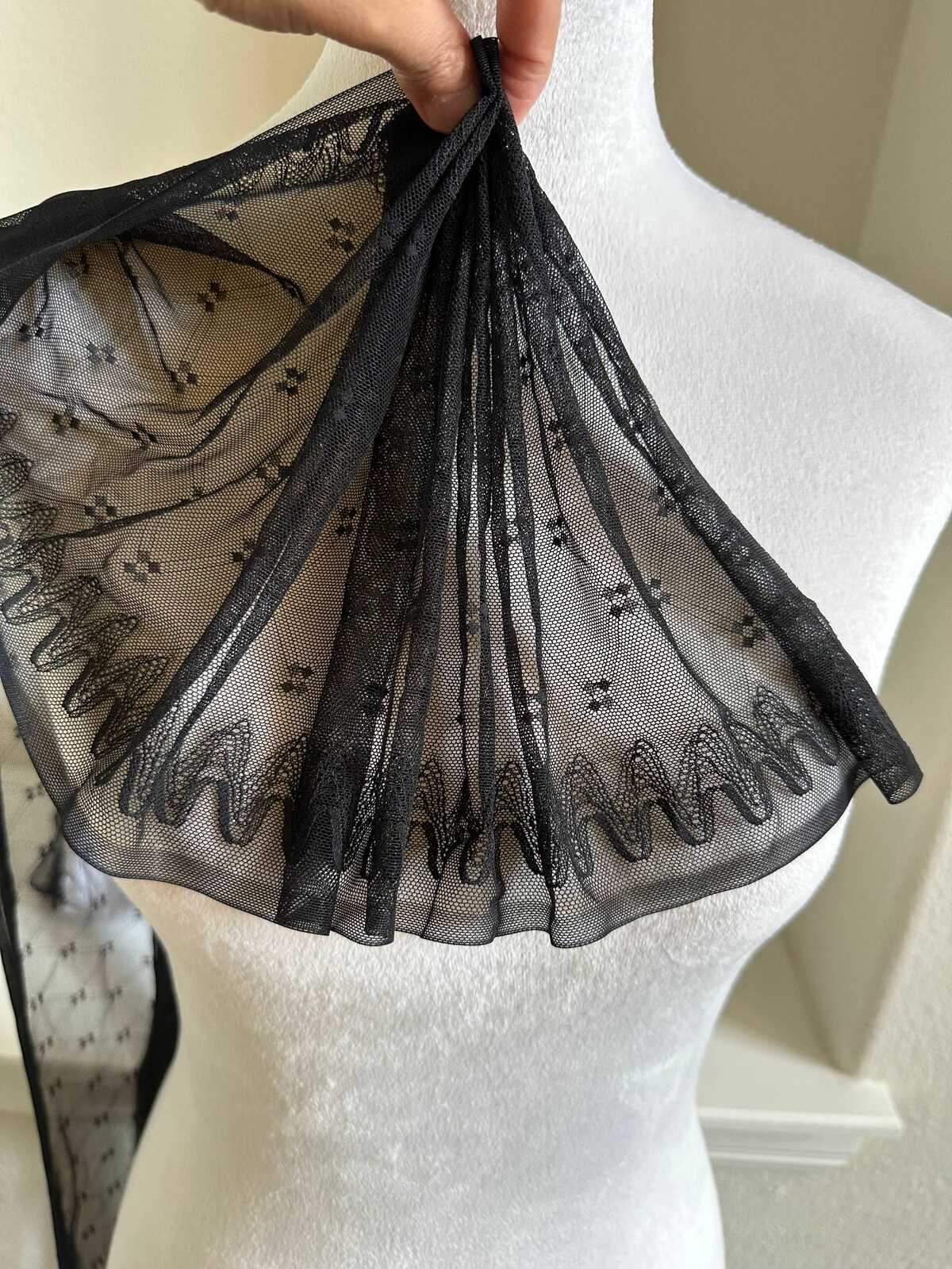 Black Geometric Point d'Esprit Mesh Lace Trim by the Yard, Wide Straight Edge Sheer Tulle Ribbon for Veil Bridal Lingerie, 8"