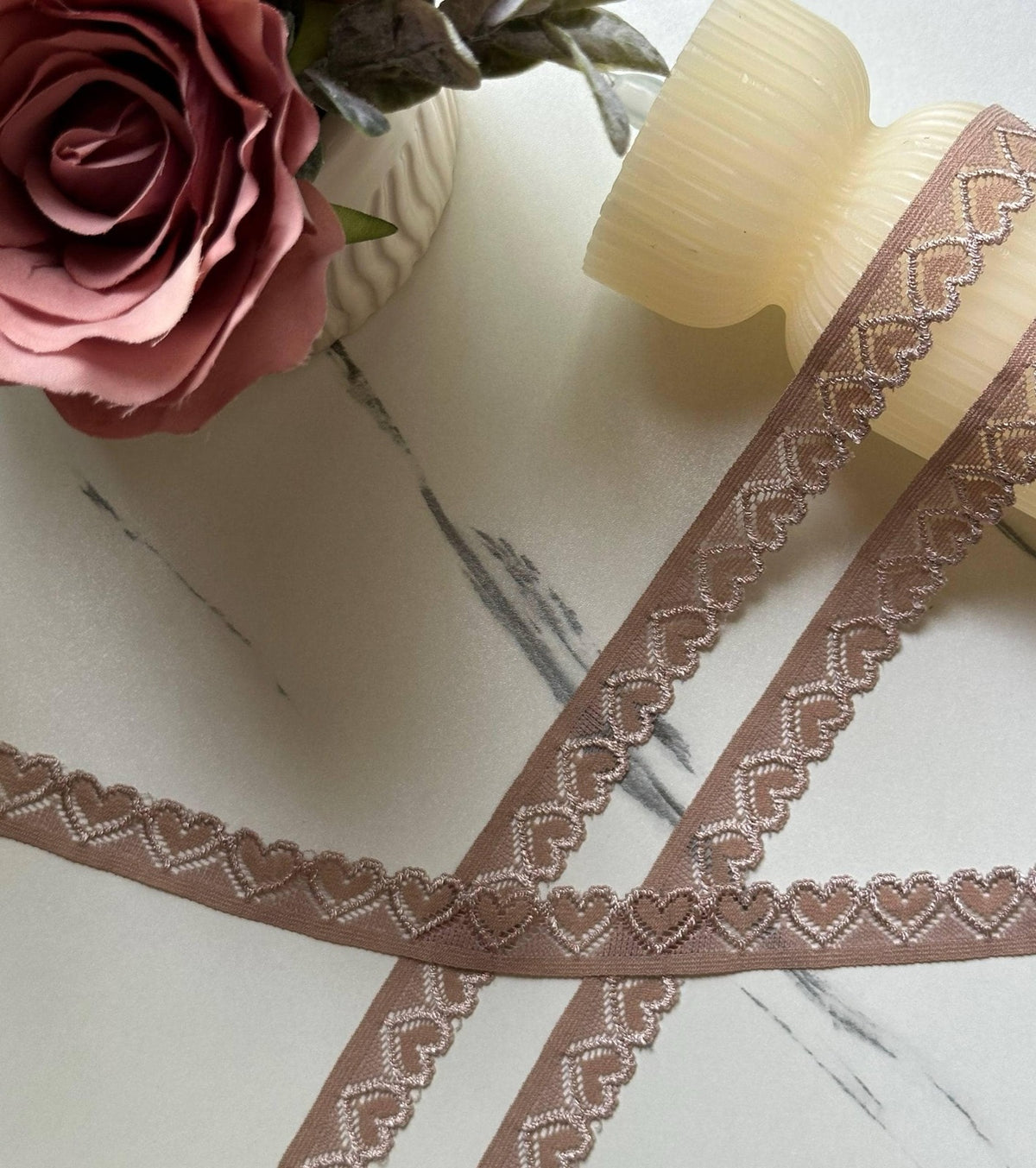 10yds Dusty Rose Mauve Heart Stretch Elastic Lace Trim Single Scalloped Narrow Ribbon for Lingerie Underwear  Crafts, 0.7"  Wholesale