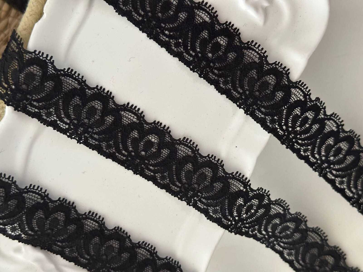 10Yds Stretch 1" Wide Black Lotus Floral Lace Trim, Bulk Clearance Coquette Y2K, Lingerie Lace, Garment Trim, DIY Sewing, Retail Wholesale