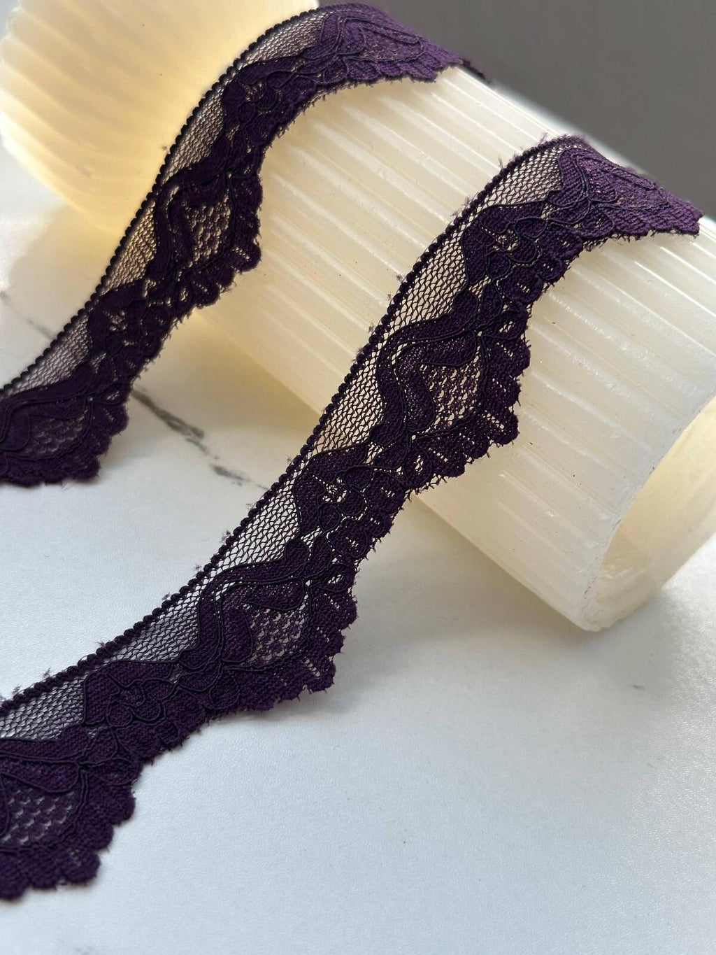 10Yds Stretch 1" Dark Plum Purple Scalloped Floral Stretch Lace Trim Bulk