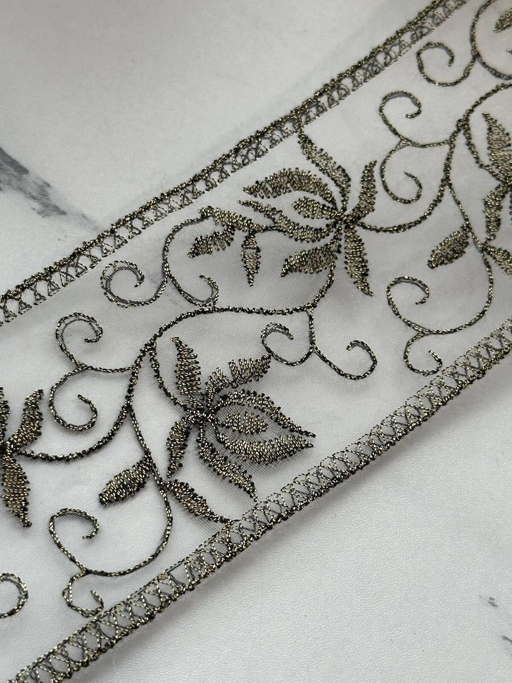 5Yds Non-Stretch 2.15" Antique Gold Floral Organza Embroidered Lace Trim
