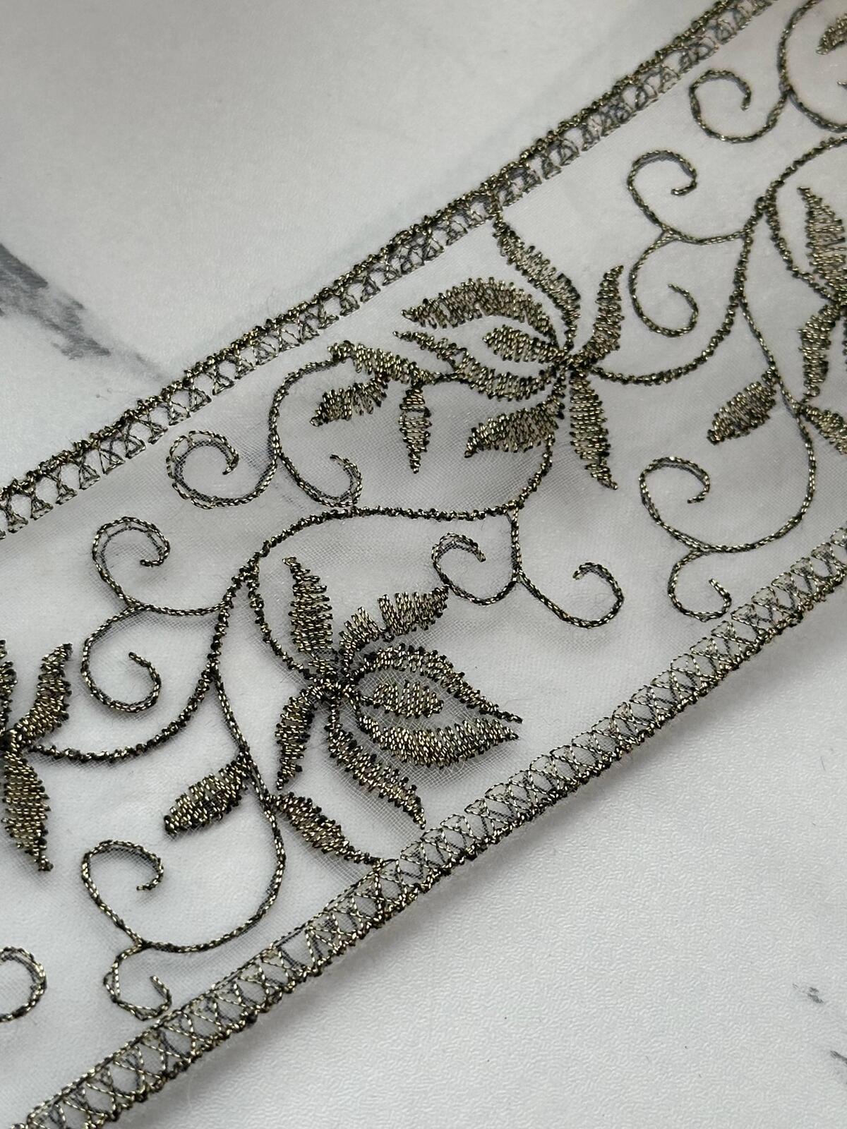 5Yds Non-Stretch 2.15" Antique Gold Floral Organza Embroidered Lace Trim