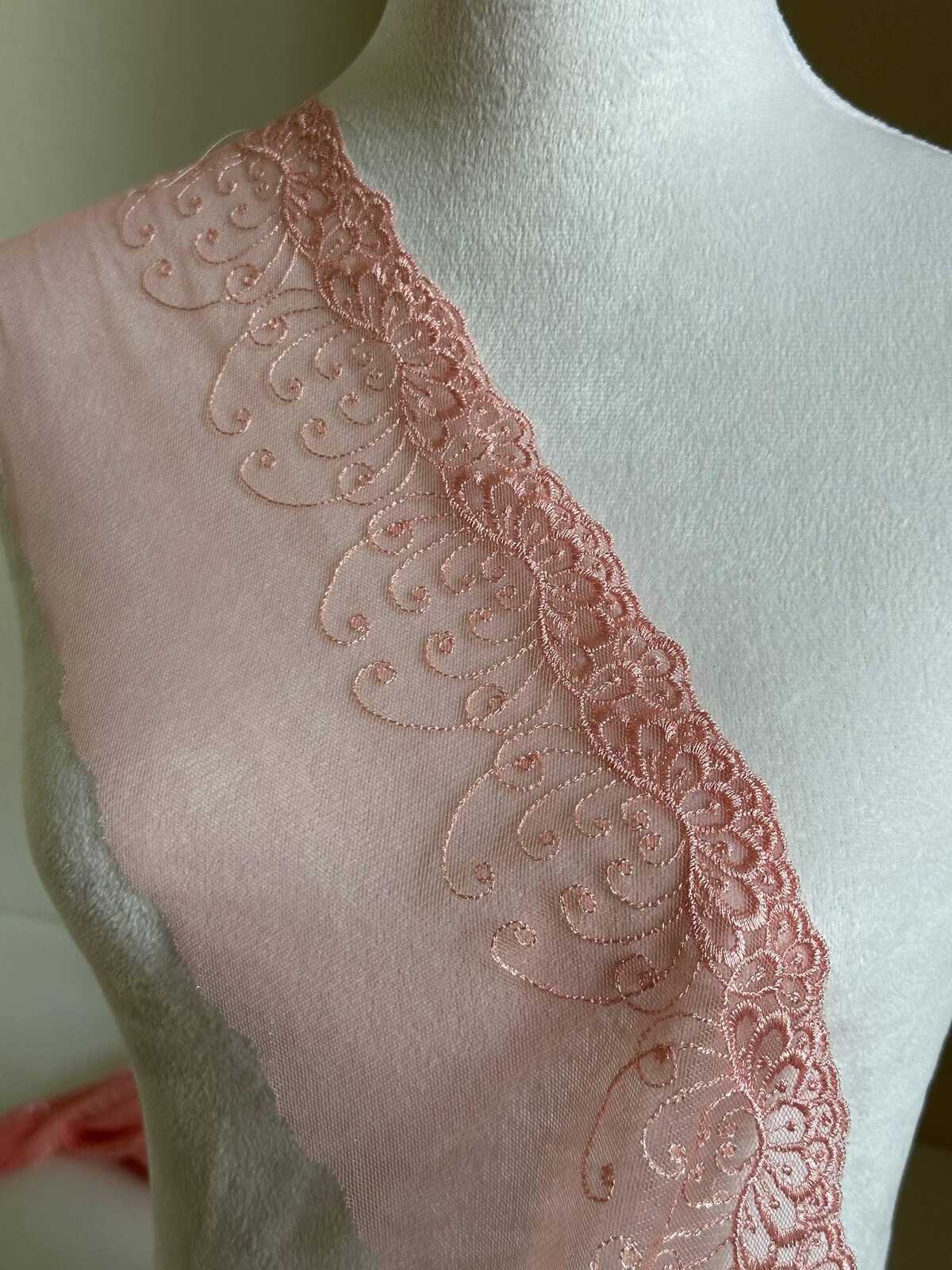 5" Pink Embroidered Mesh Lace Trim Elegant Scalloped Edge Vine Floral Tulle Ribbon for Lingerie Bridal Gowns Veil Crafts Sewing