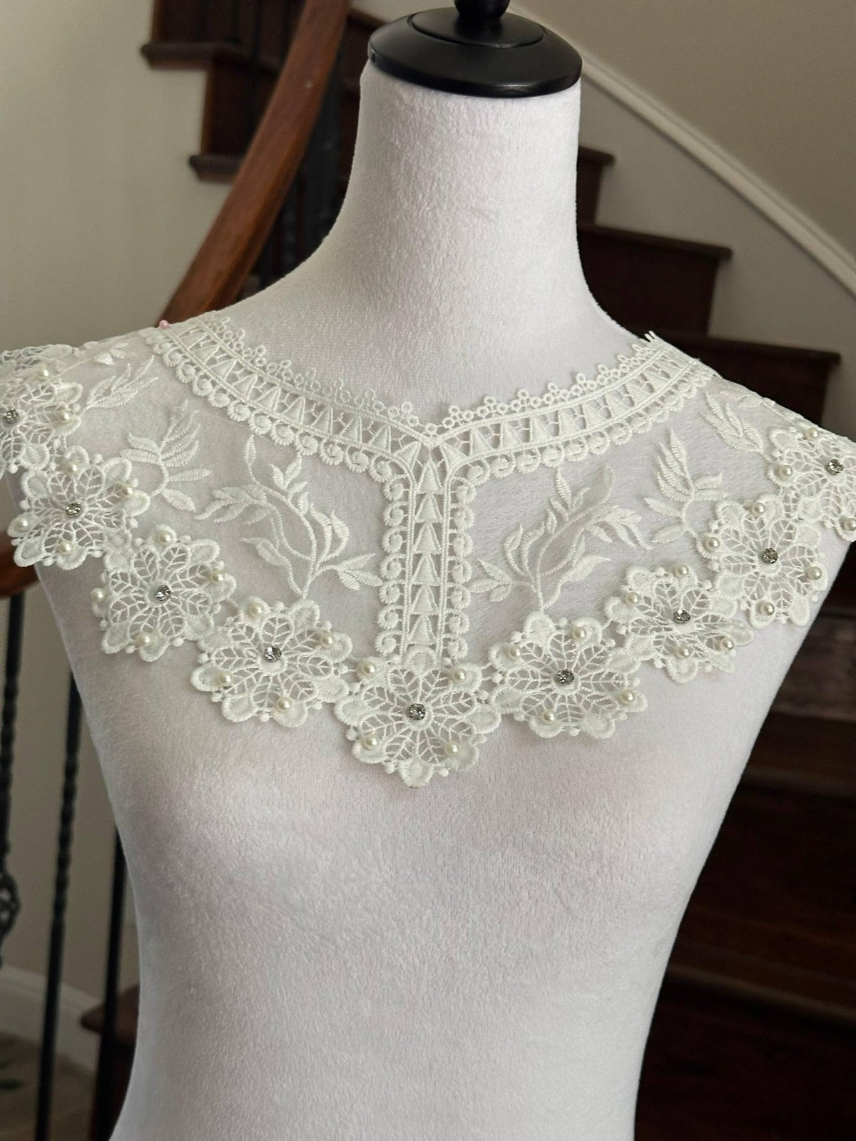 Off White Beaded Rhinestone Guipure Lace Collar  Pearl Accent Neckline Applique Statement Bodice Motif for Gowns Blouses, 6"