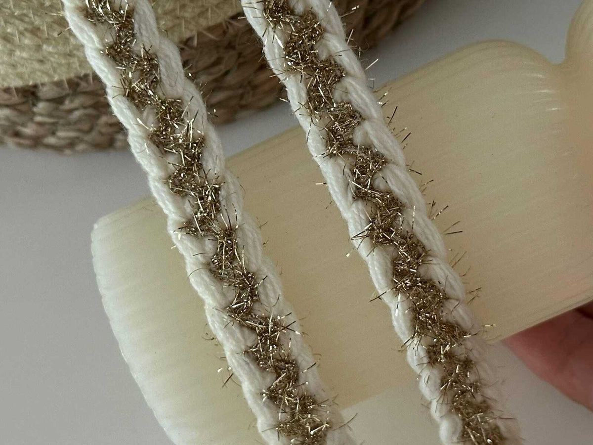 10yds Cream Gold Braided Trim, 0.5" Metallic Ribbon, Bulk Clearance Coquette Y2K Lace, Tweed Trim, DIY Sewing, Retail Wholesale