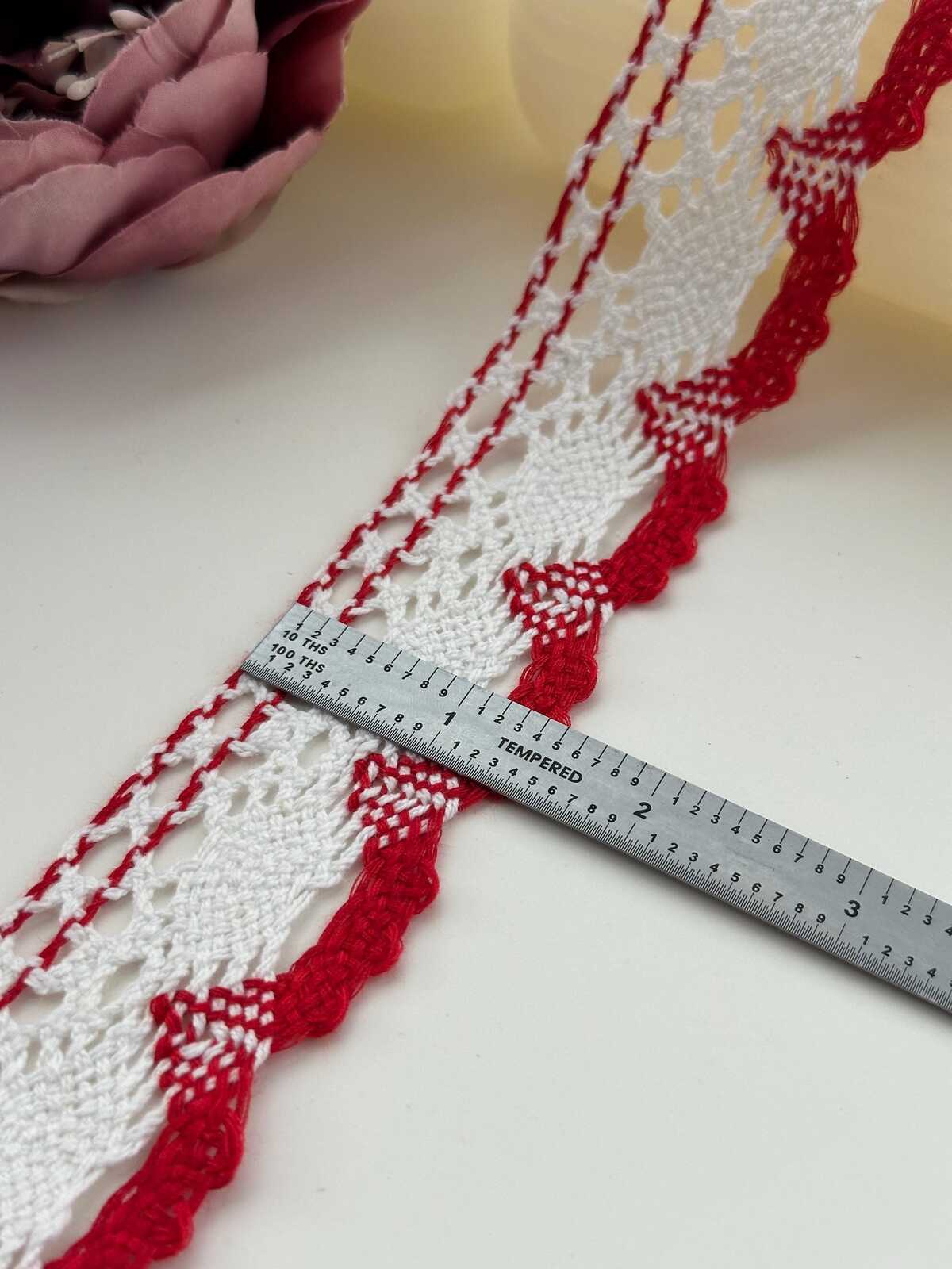 3Yds Non-Stretch 1.5" Red White Cotton Crochet Scalloped Lace Trim Wholesale