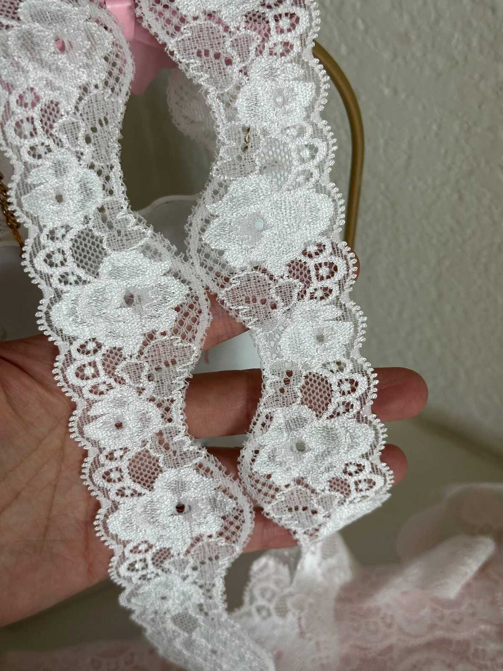 10yds Pale Pink Floral Lace Trim: 1.5" Scalloped Edge, Stretch Elastic Ribbon (10yds)