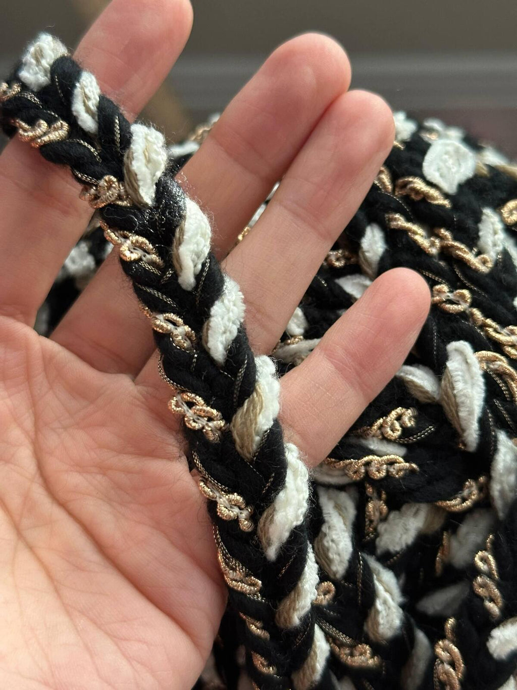 3Yds Non-Stretch 0.6" Black Off-White Gold Braided Tweed Ribbon Trim Wholesale