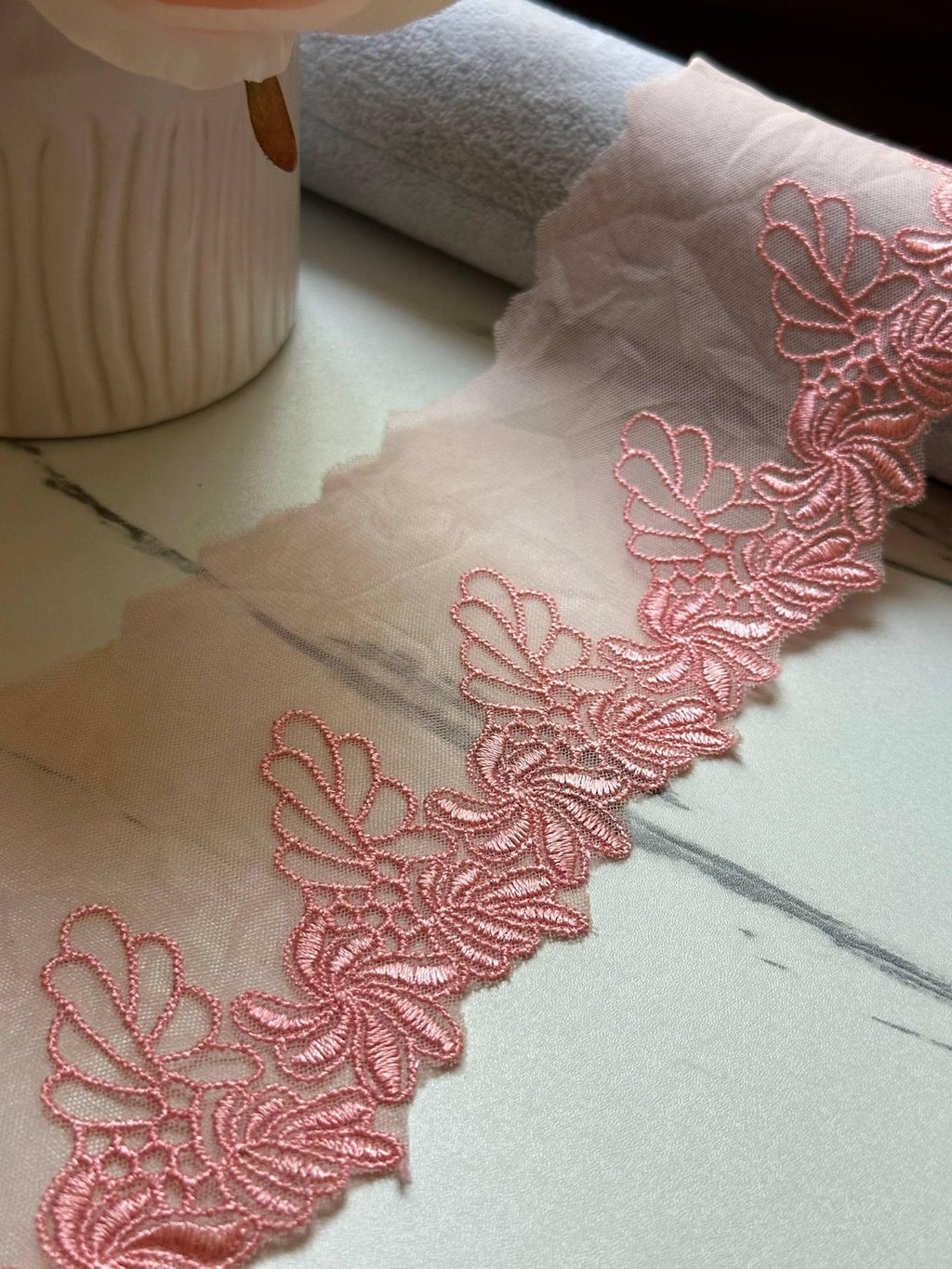 Soft Peach Pink Floral Embroidered Mesh Lace Trim, 2" Floral 3.5" Total Wide Sheer Scalloped Ribbon, Retail Wholesale Bulk