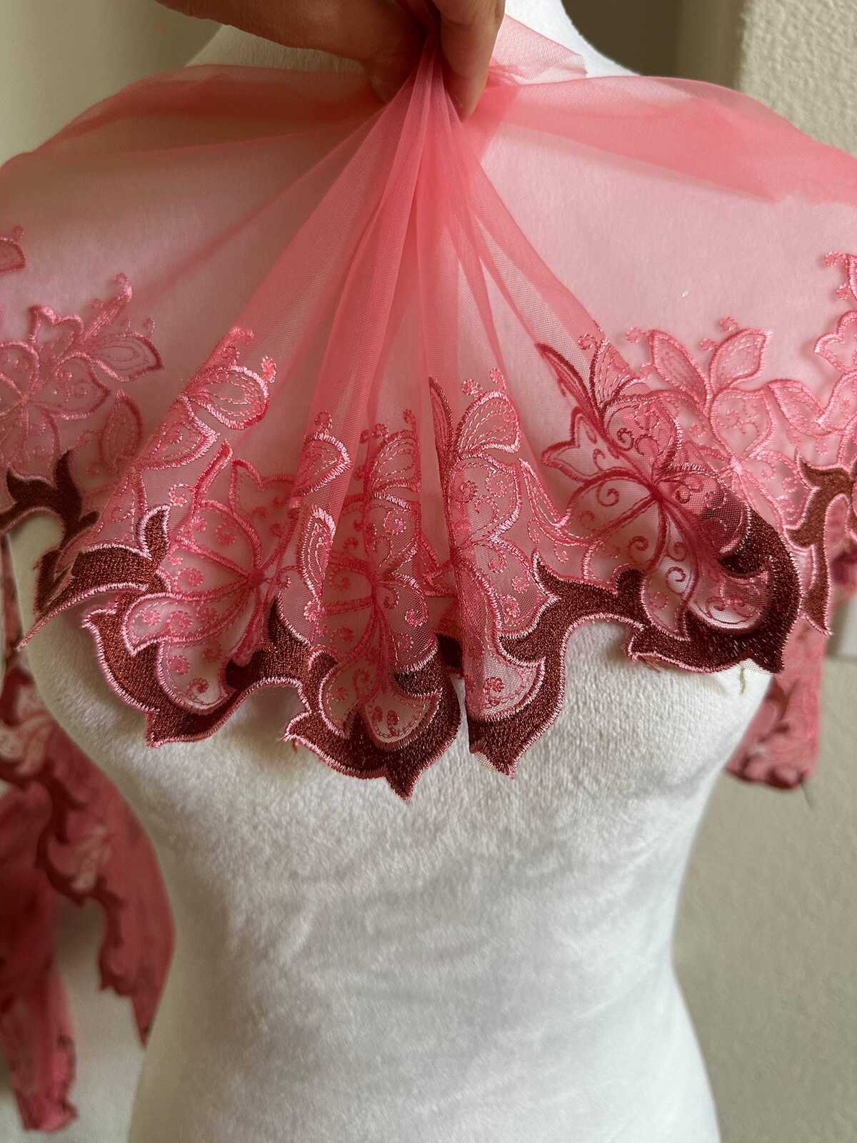 8" Two Tone Pink Mesh Lace Trim Exquisite Scalloped Edge Vine Floral Tulle Ribbon for Lingerie Bridal Gowns Veil Crafts Sewing