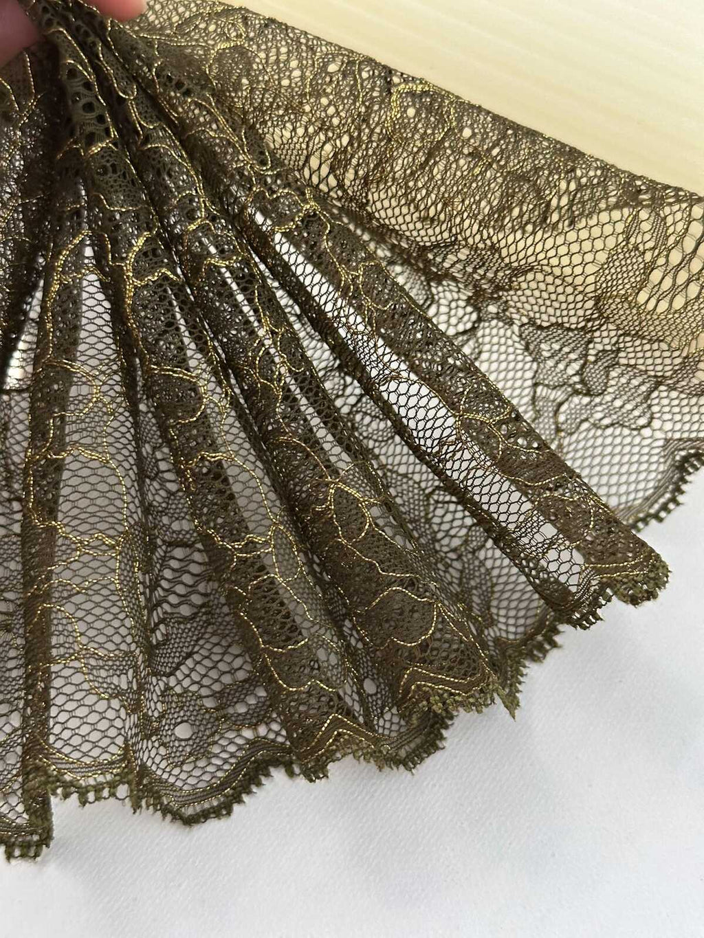 5Yds Non-Stretch 5.9" Olive Green Gold Metallic Floral Mesh Lace Wholesale