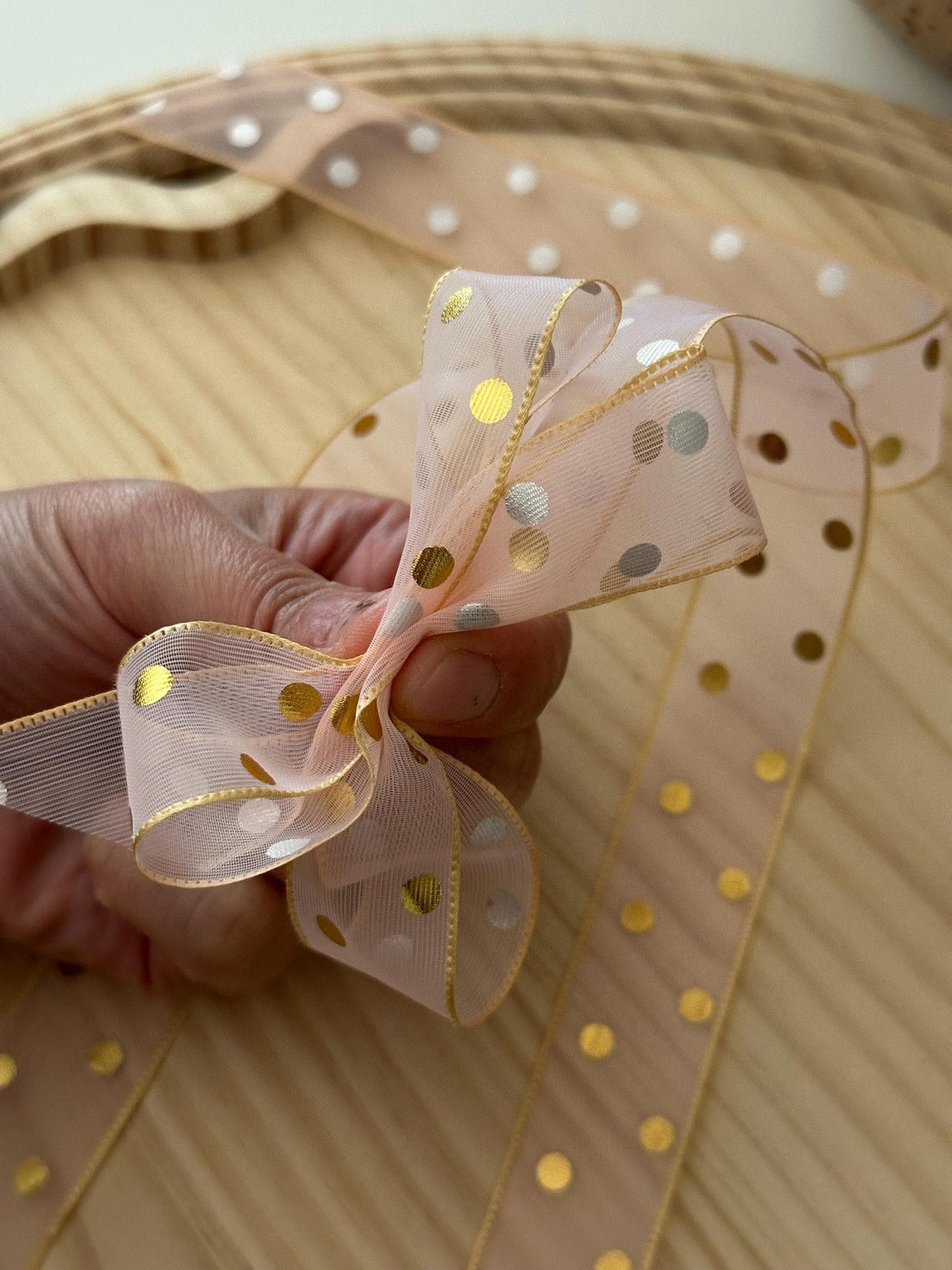 20Yds 0.9" Gold Polka Dot Sheer Organza Ribbon Trim, Hair Bow DIY Wholesale